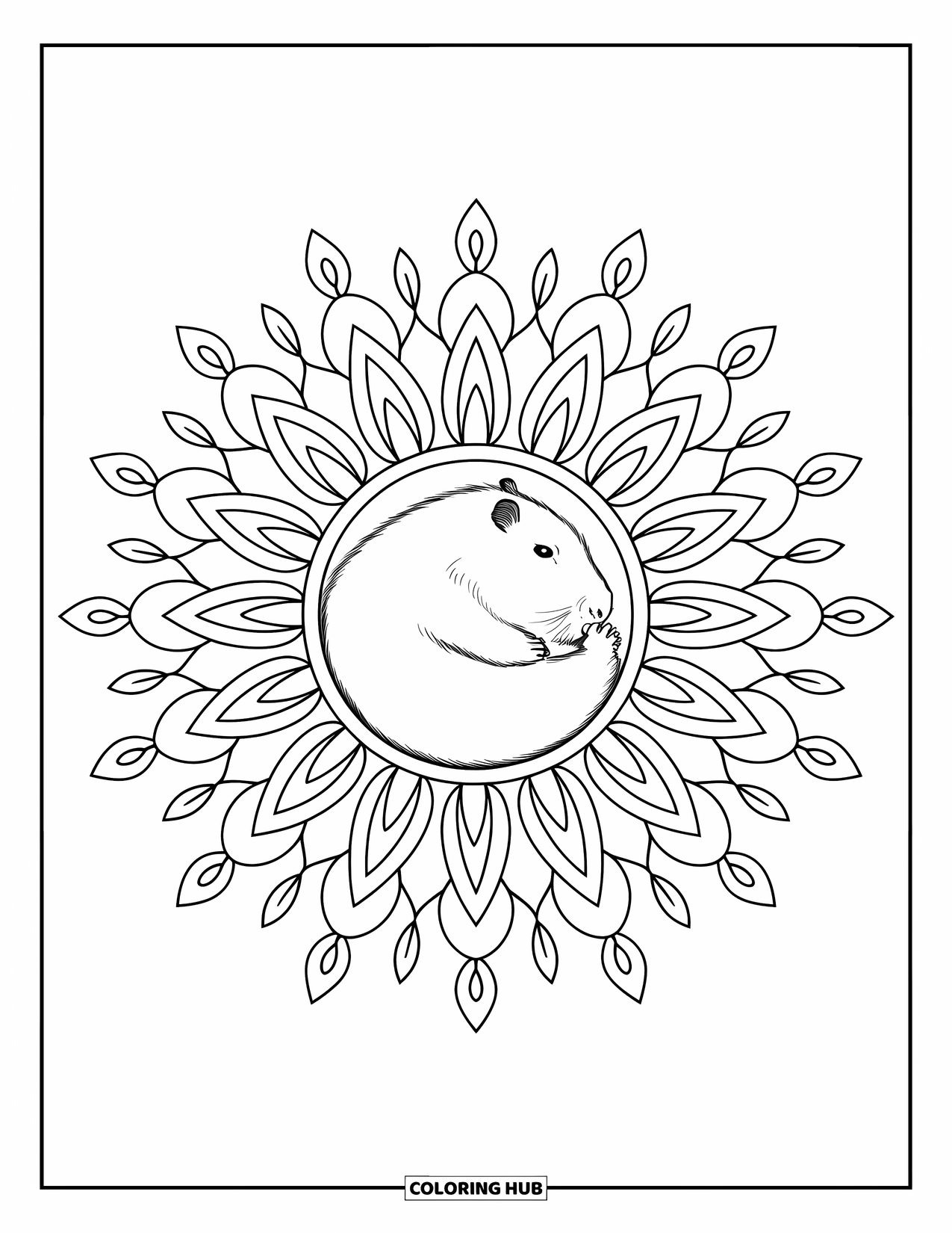 Capybara Coloring Page for Adults: Capybara curls up in a sunburst mandala with leafy branches and radiating lines