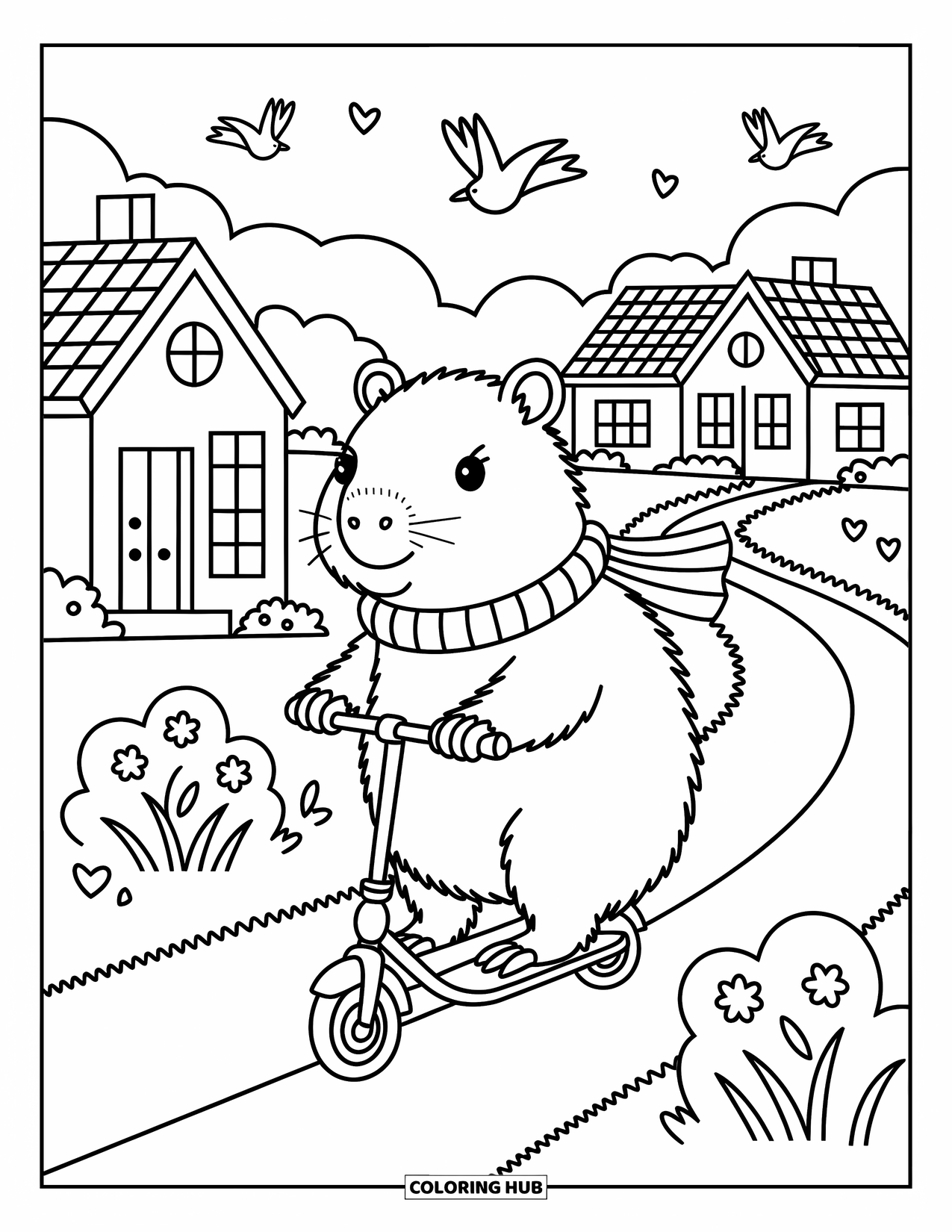 Capybara Coloring Page for Adults: Capybara in a scarf rides a scooter through a cottage-filled countryside