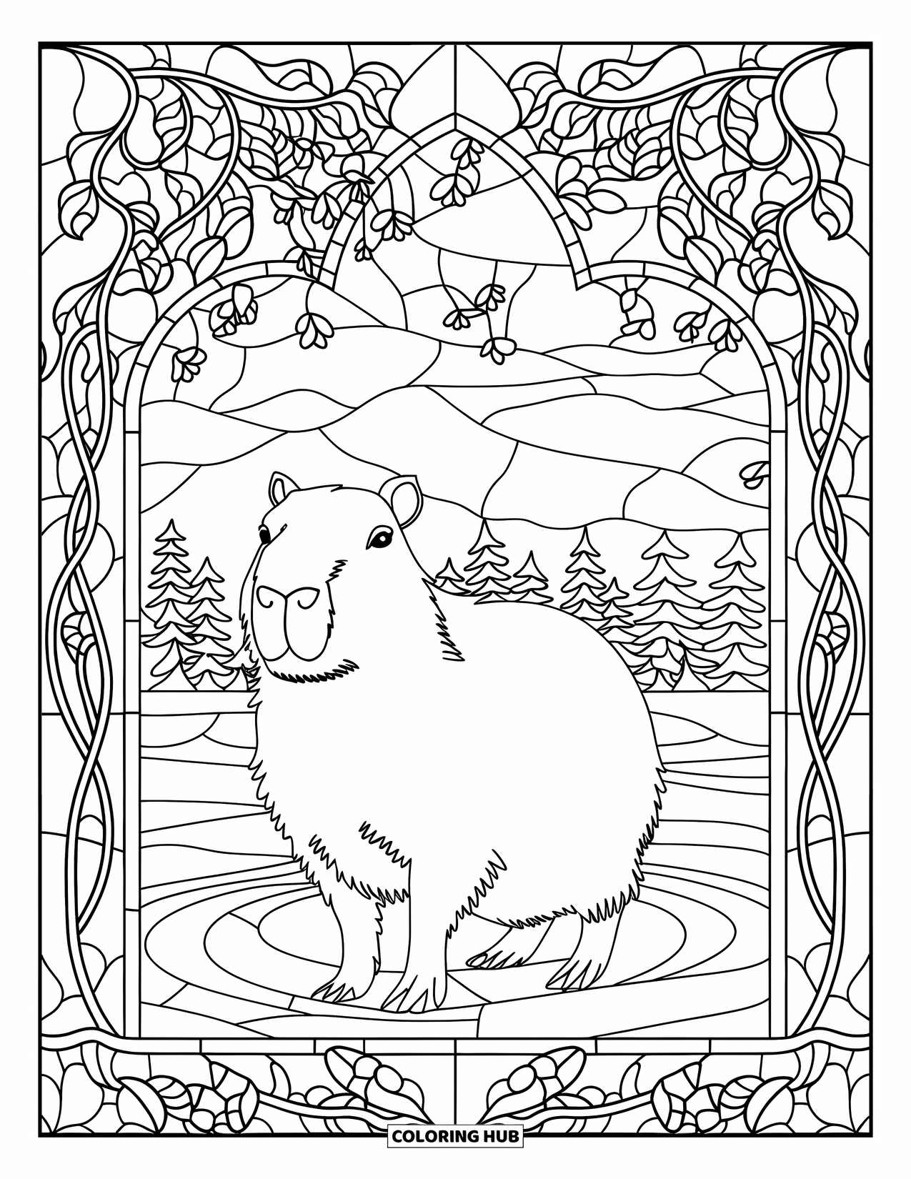 Capybara Coloring Page for Adults: Capybara is framed in stained glass with nature motifs and peaceful landscape views
