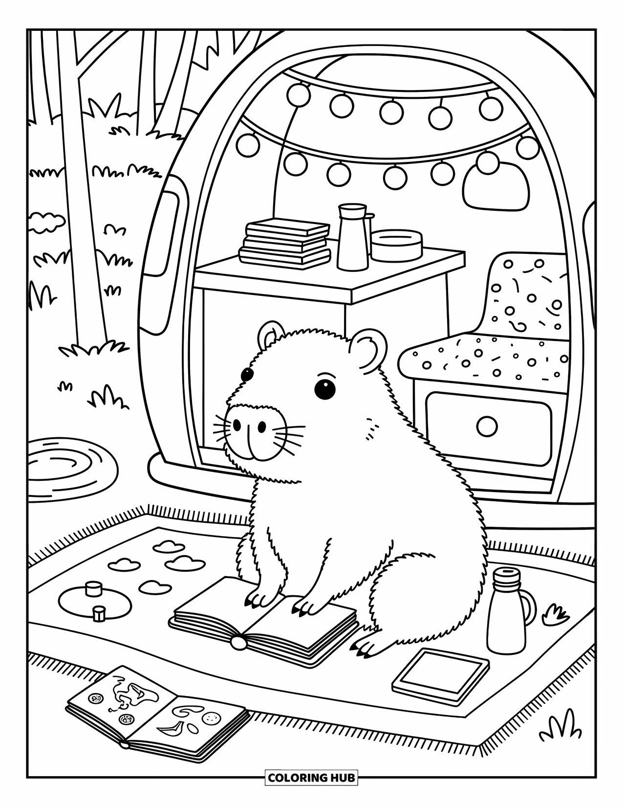 Capybara Coloring Page for Adults: Capybara journals inside a camper van surrounded by lights, maps, and warm vibes