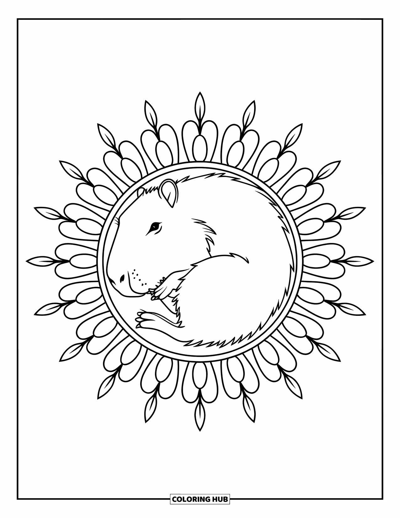 Capybara Coloring Page for Adults: Capybara lies in a sun-inspired mandala with bold lines and delicate leaf details
