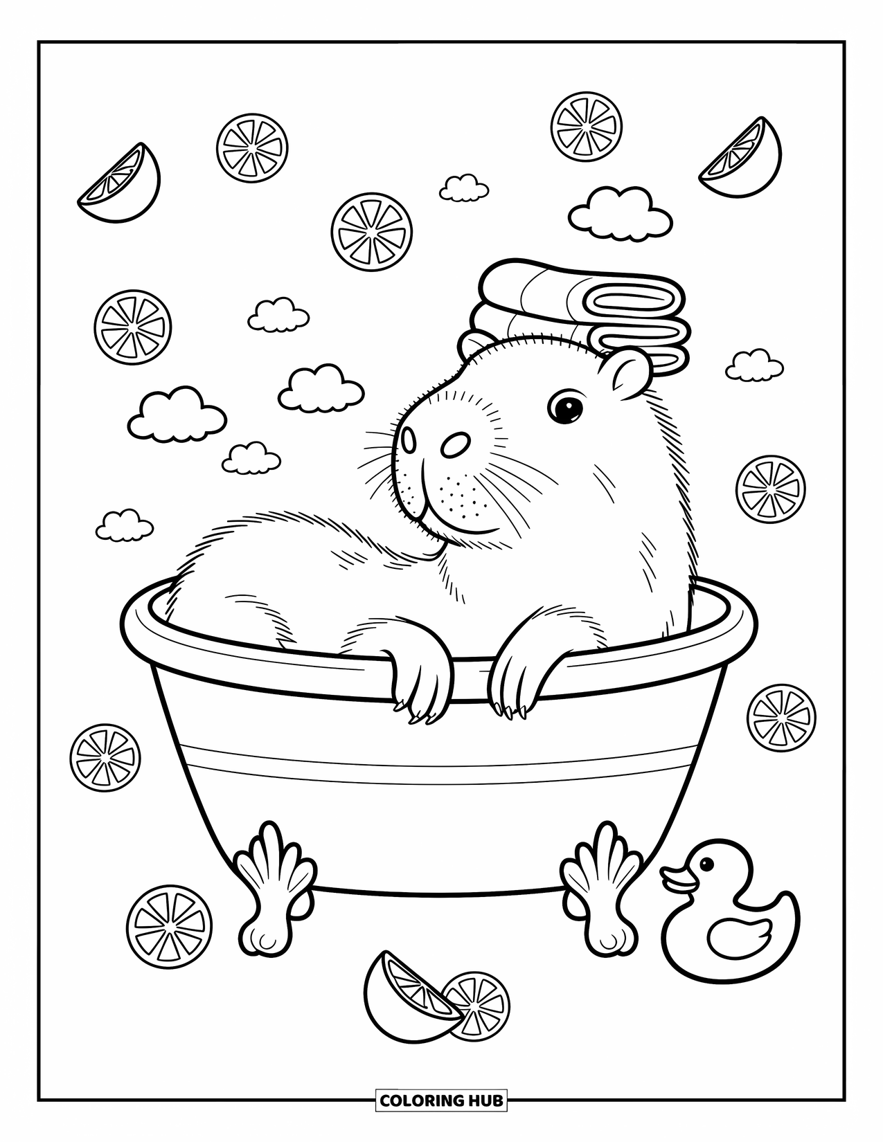 Capybara Coloring Page for Adults: Capybara lounges in a citrus-filled bath with a towel hat and playful steam