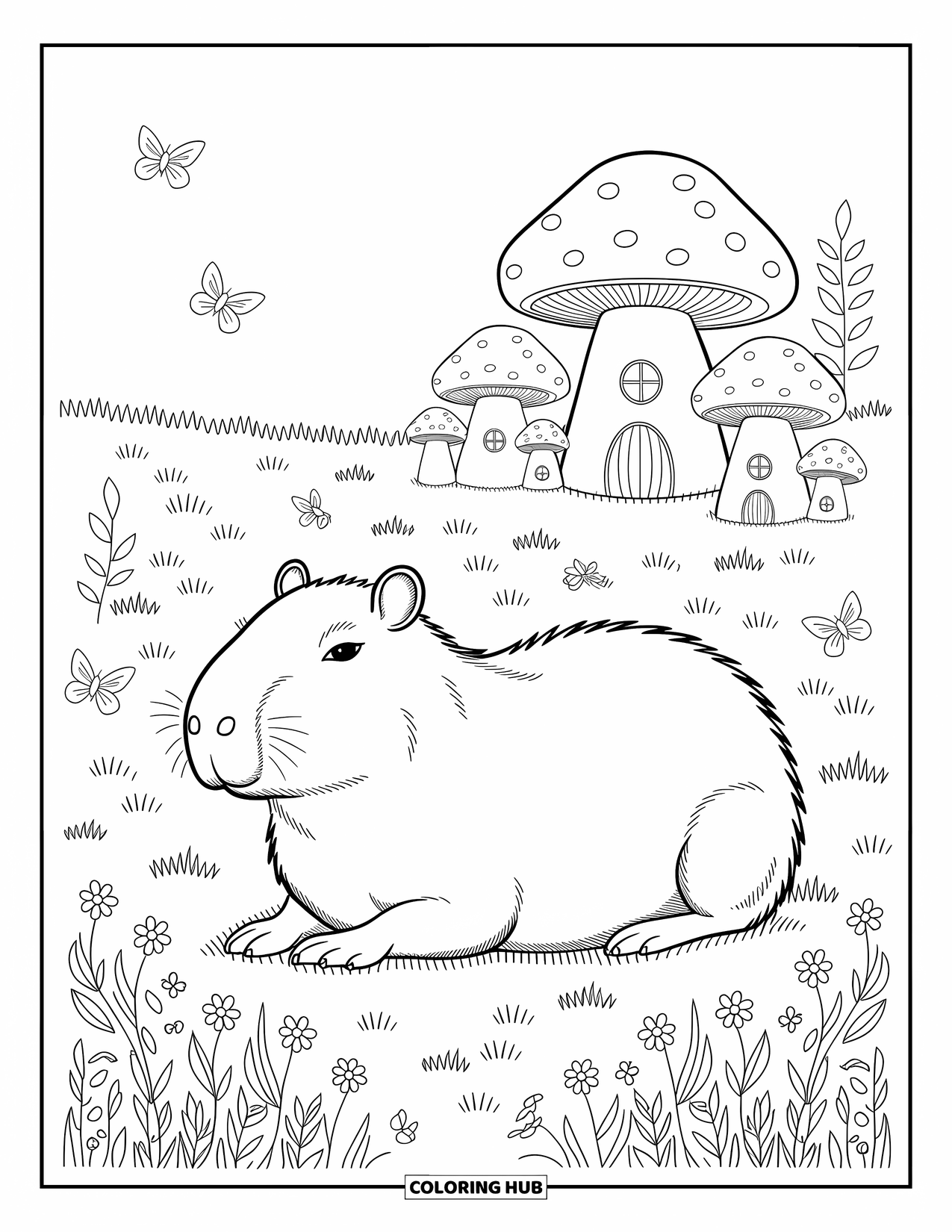 Capybara Coloring Page for Adults: Capybara naps near mushrooms and butterflies in a flower-filled meadow
