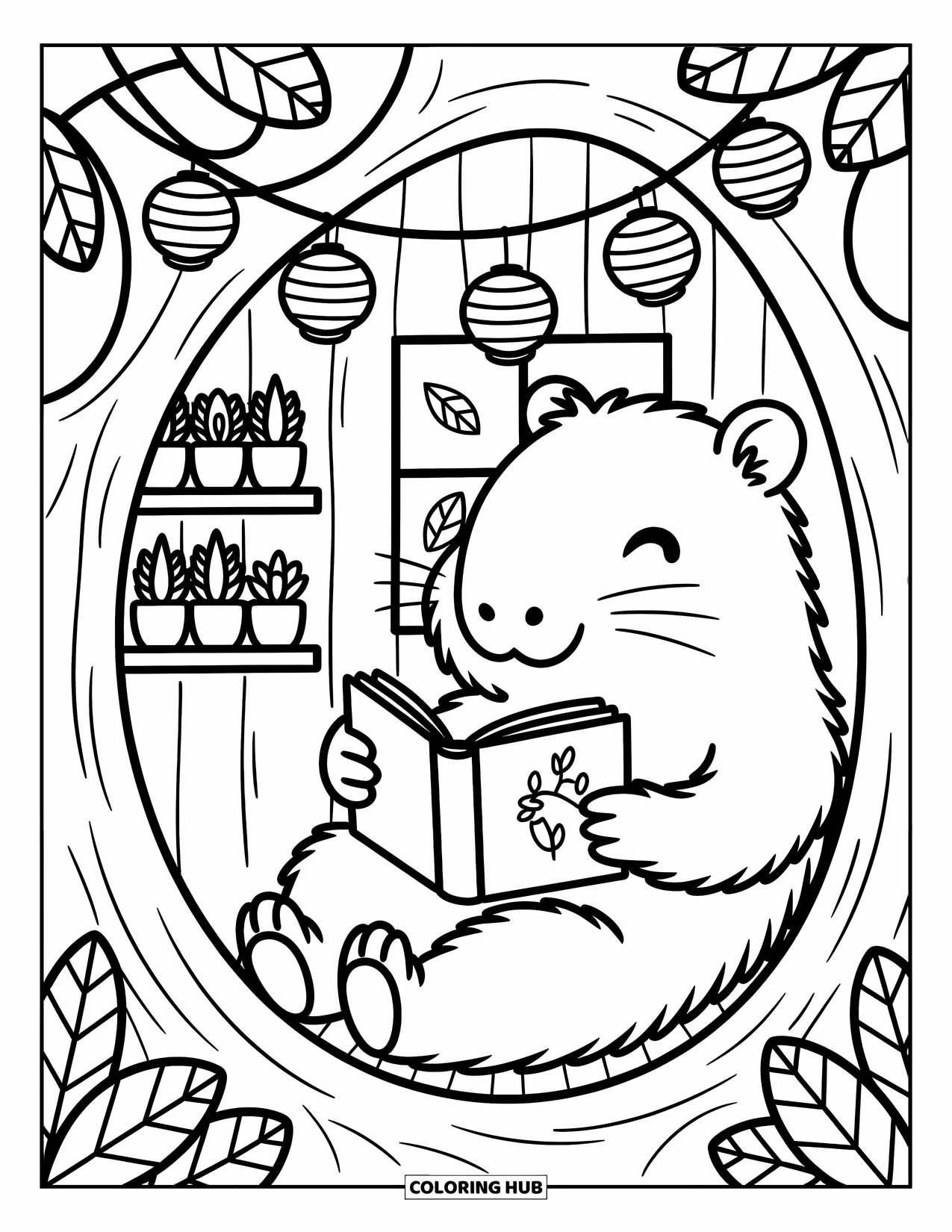 Capybara Coloring Page for Adults: Capybara reads a book inside a treehouse filled with plants and lantern lights