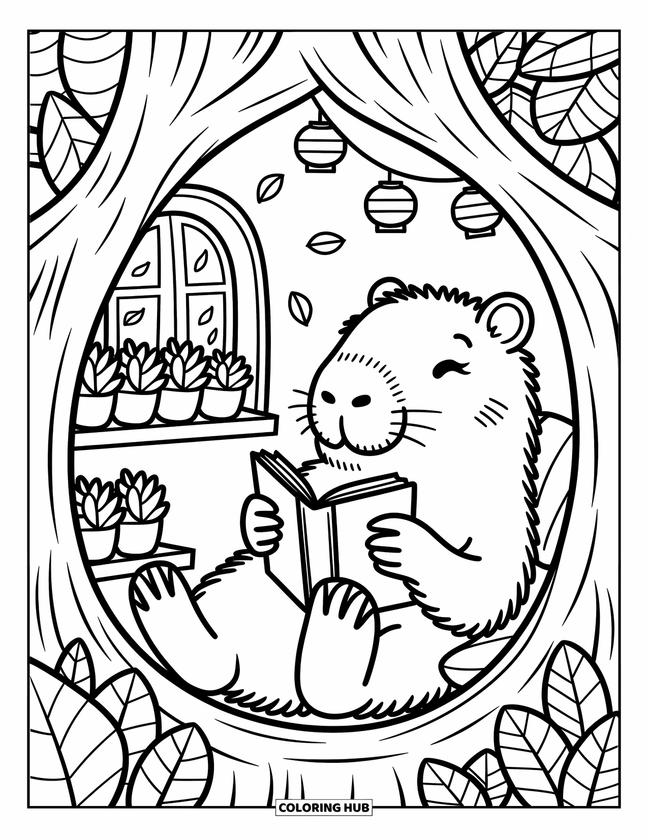 Capybara Coloring Page for Adults: Capybara reads peacefully inside a treehouse surrounded by plants and fluttering leaves