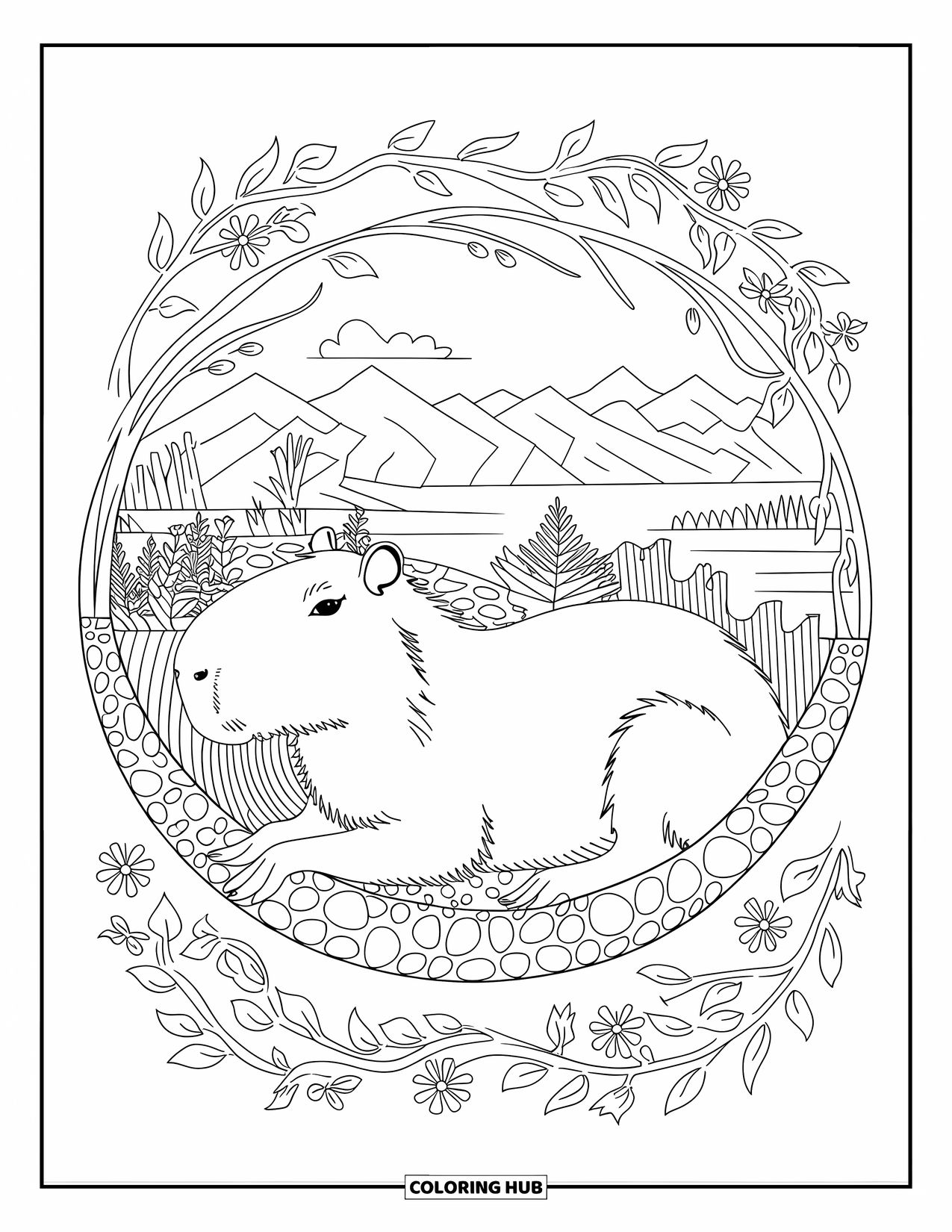 Capybara Coloring Page for Adults: Capybara relaxes in a floral vine mosaic with mountains and water beyond