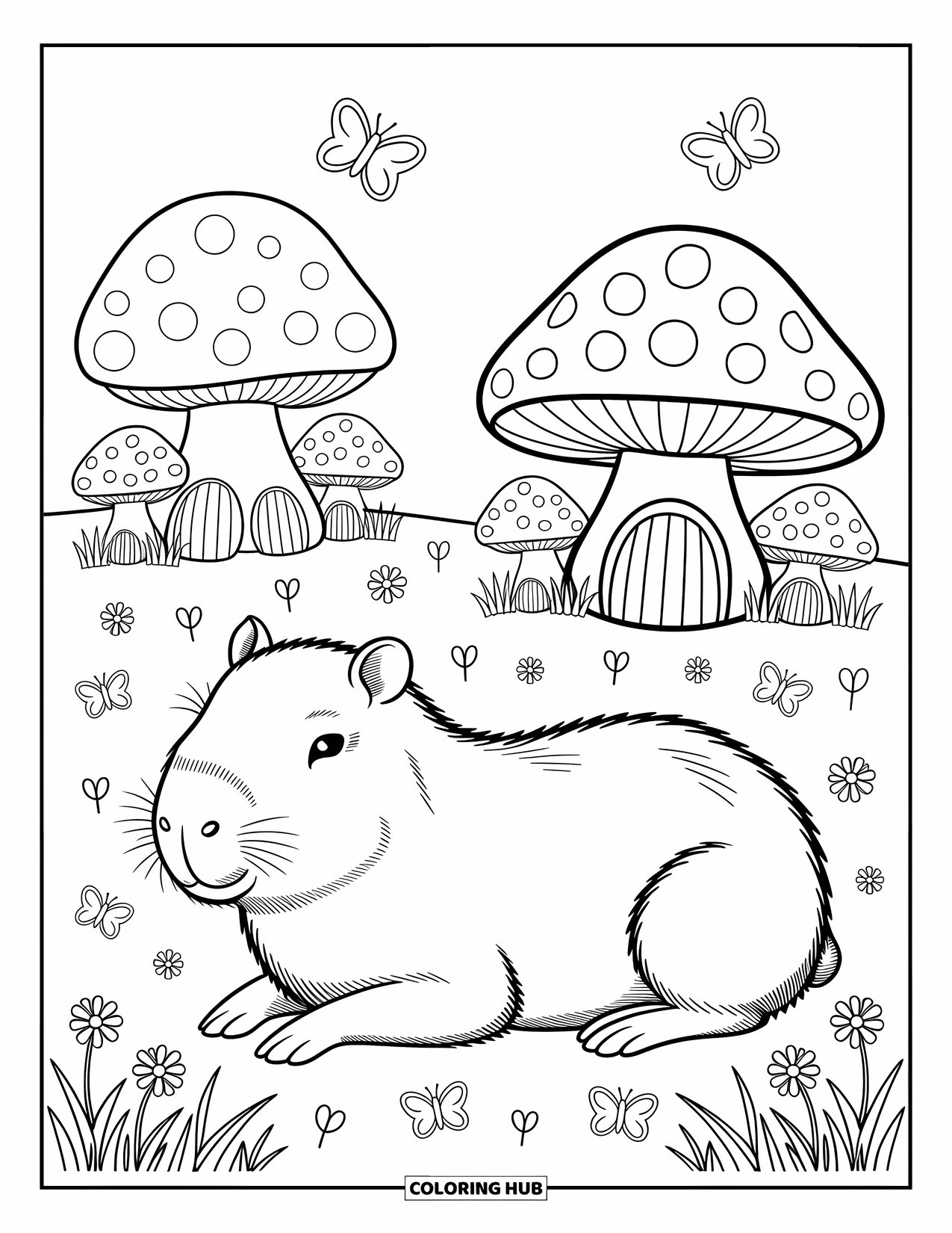 Capybara Coloring Page for Adults: Capybara relaxes near a mushroom village in a peaceful flower-filled field