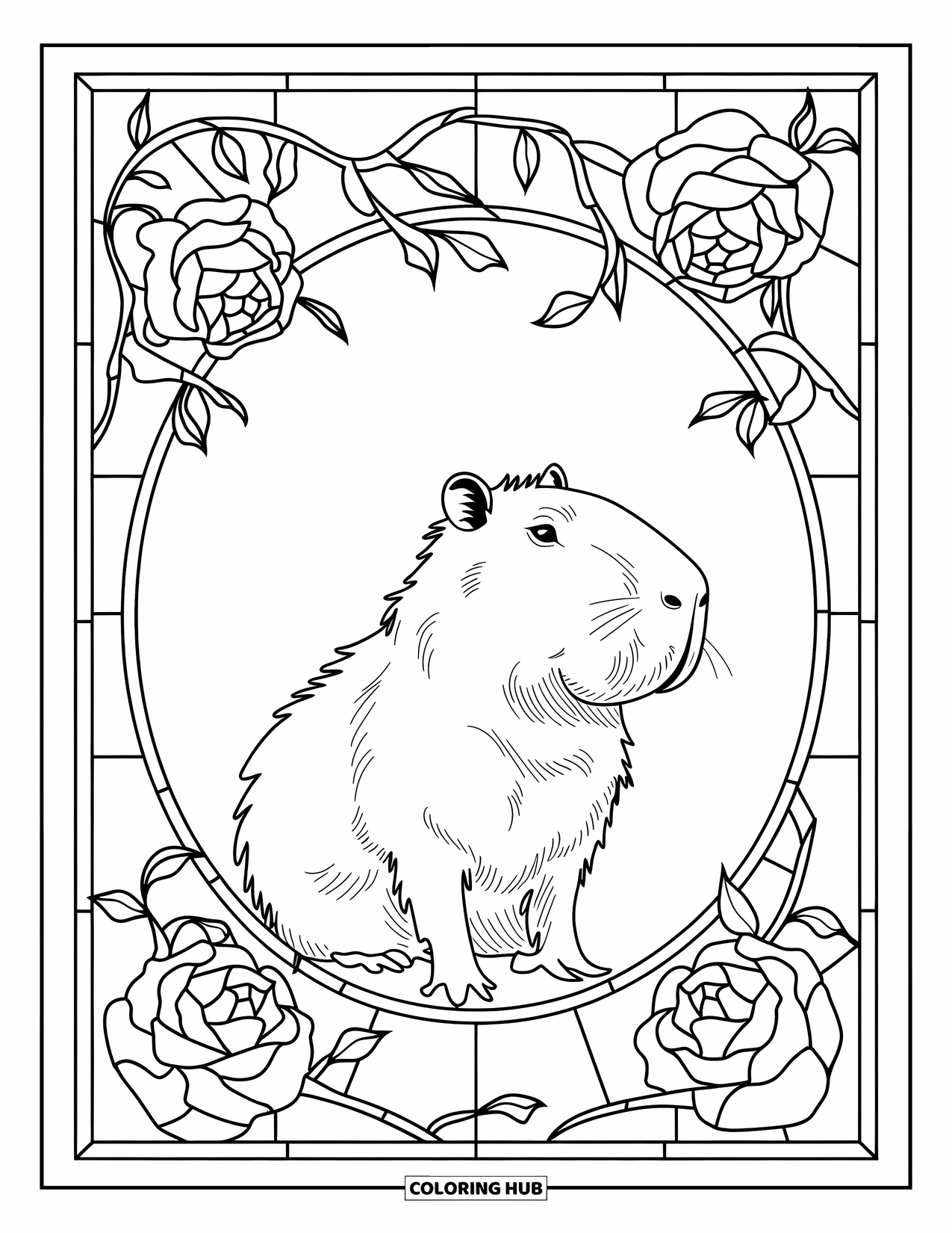 Capybara Coloring Page for Adults: Capybara rests in a stained glass rose with petal panes and gentle climbing stems