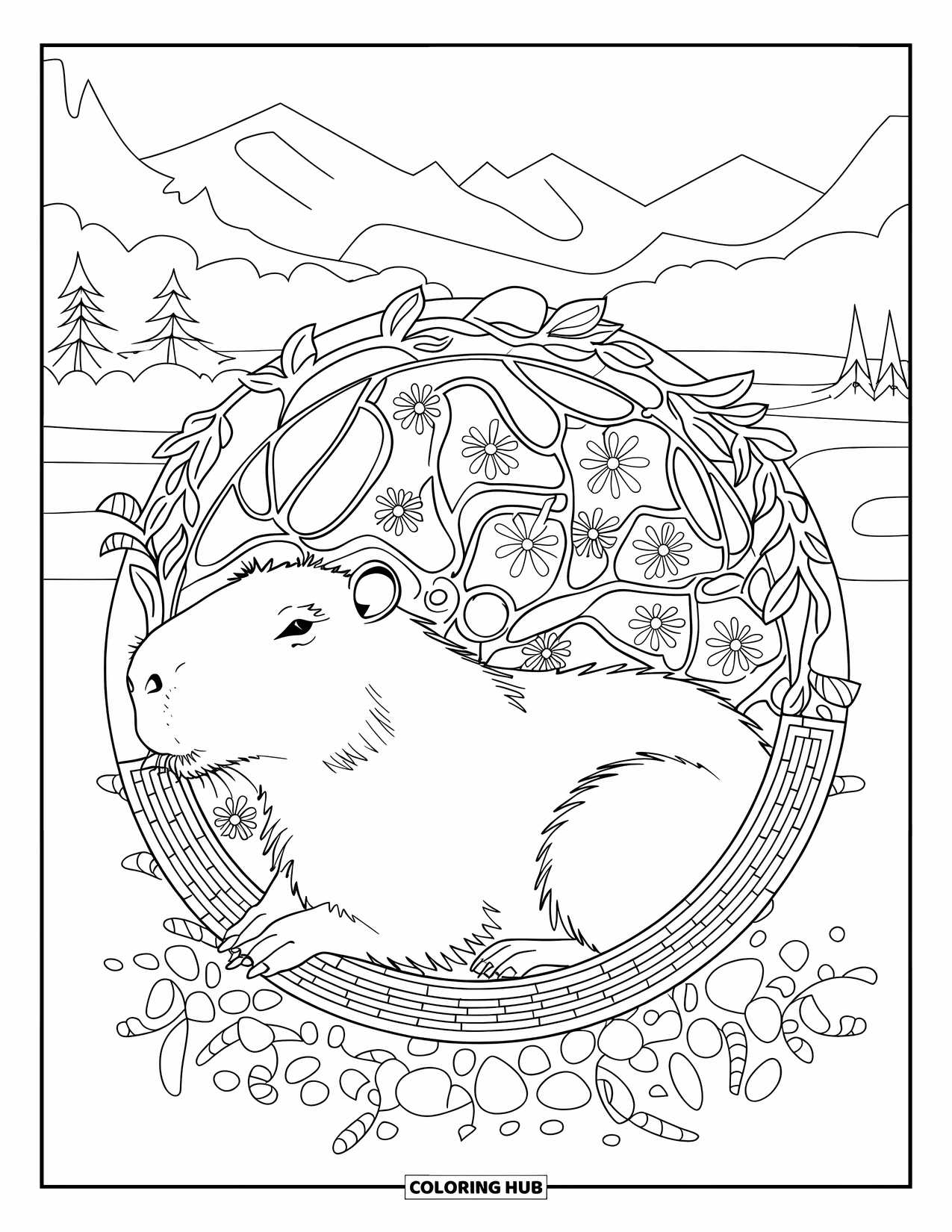 Capybara Coloring Page for Adults: Capybara rests inside a mosaic circle of vines, pebbles, and tiny flowers