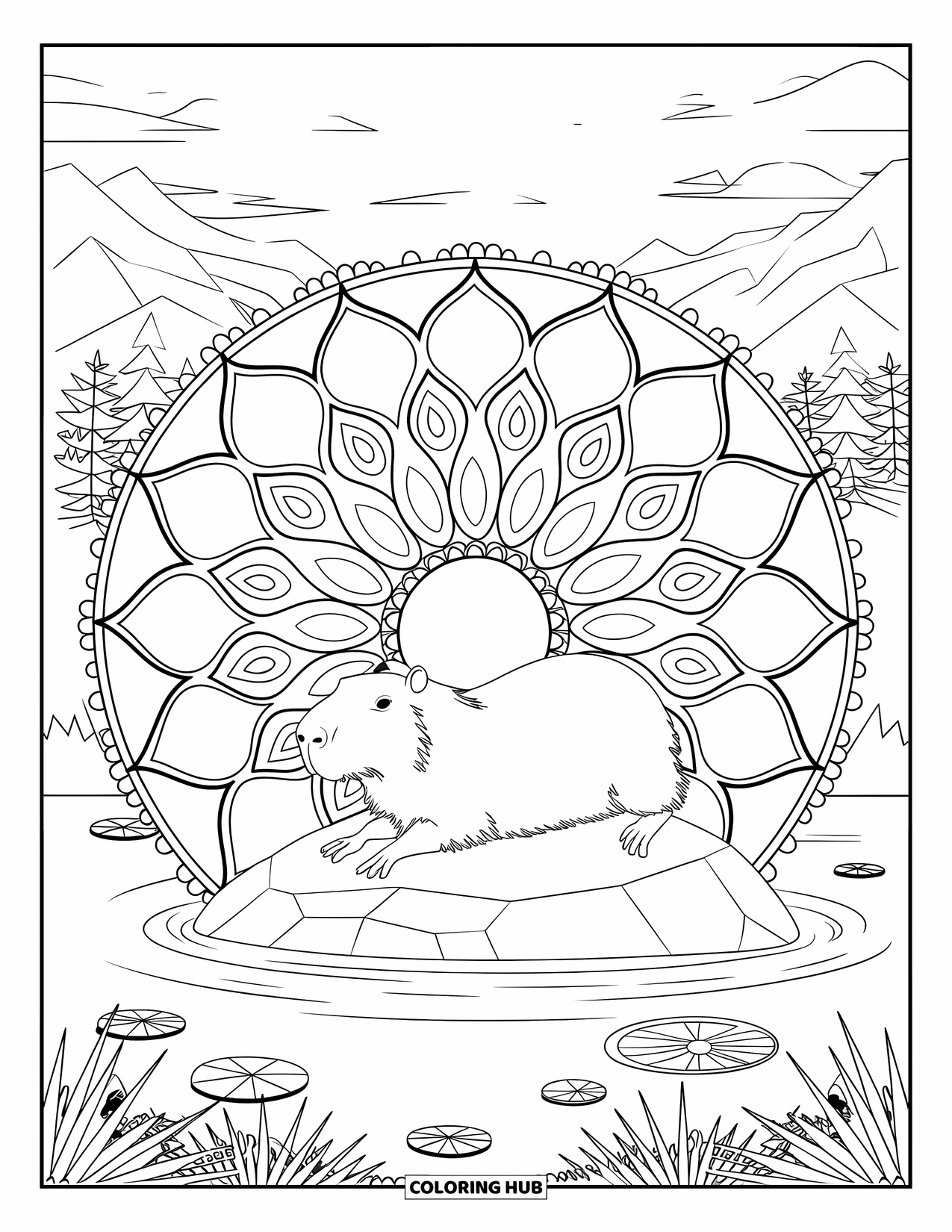 Capybara Coloring Page for Adults: Capybara rests on a rock inside a lotus mandala with soft floating petals