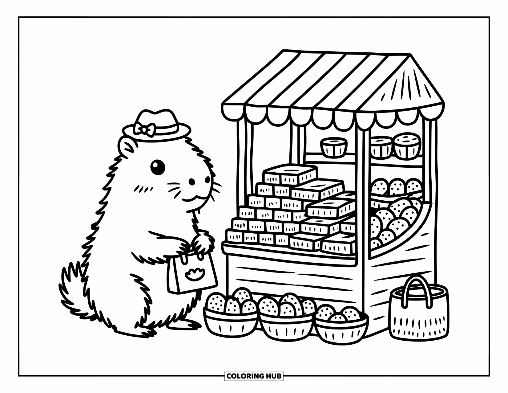 Capybara Coloring Page for Adults: Capybara shops at a cozy fruit stall with a bow hat and shopping bag