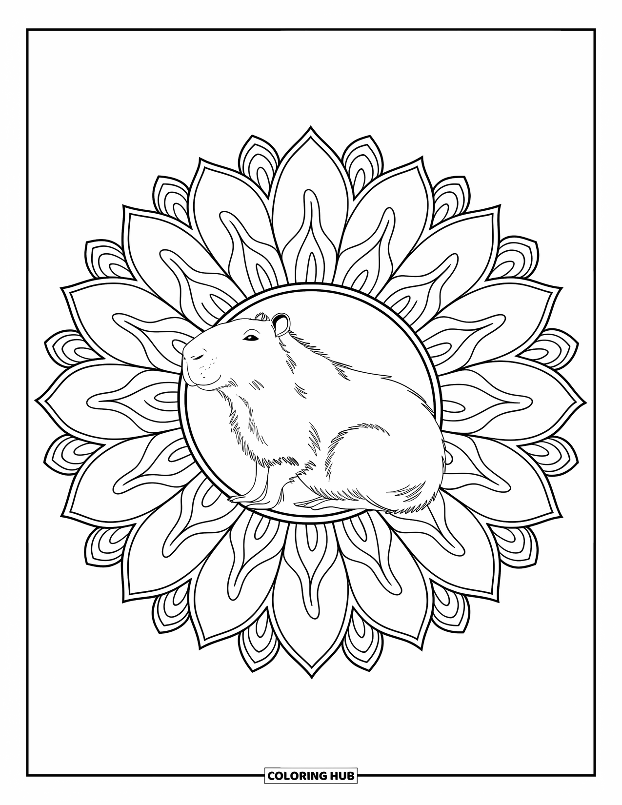 Capybara Coloring Page for Adults: Capybara sits at the center of a floral mandala with soft, radiating petals
