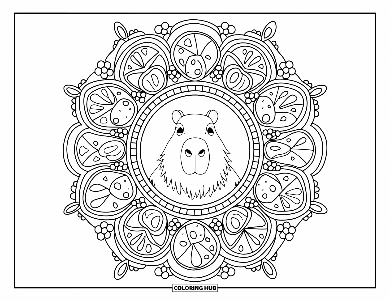 Capybara Coloring Page for Adults: Capybara sits at the center of a fruit-filled mandala with clean, bold patterns