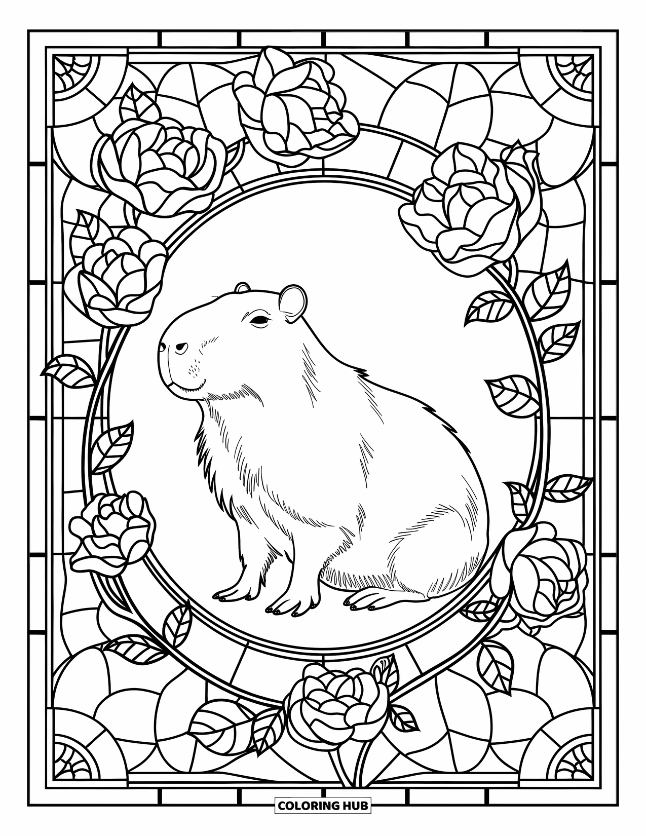 Capybara Coloring Page for Adults: Capybara sits calmly in a stained glass rose mandala with artistic floral designs