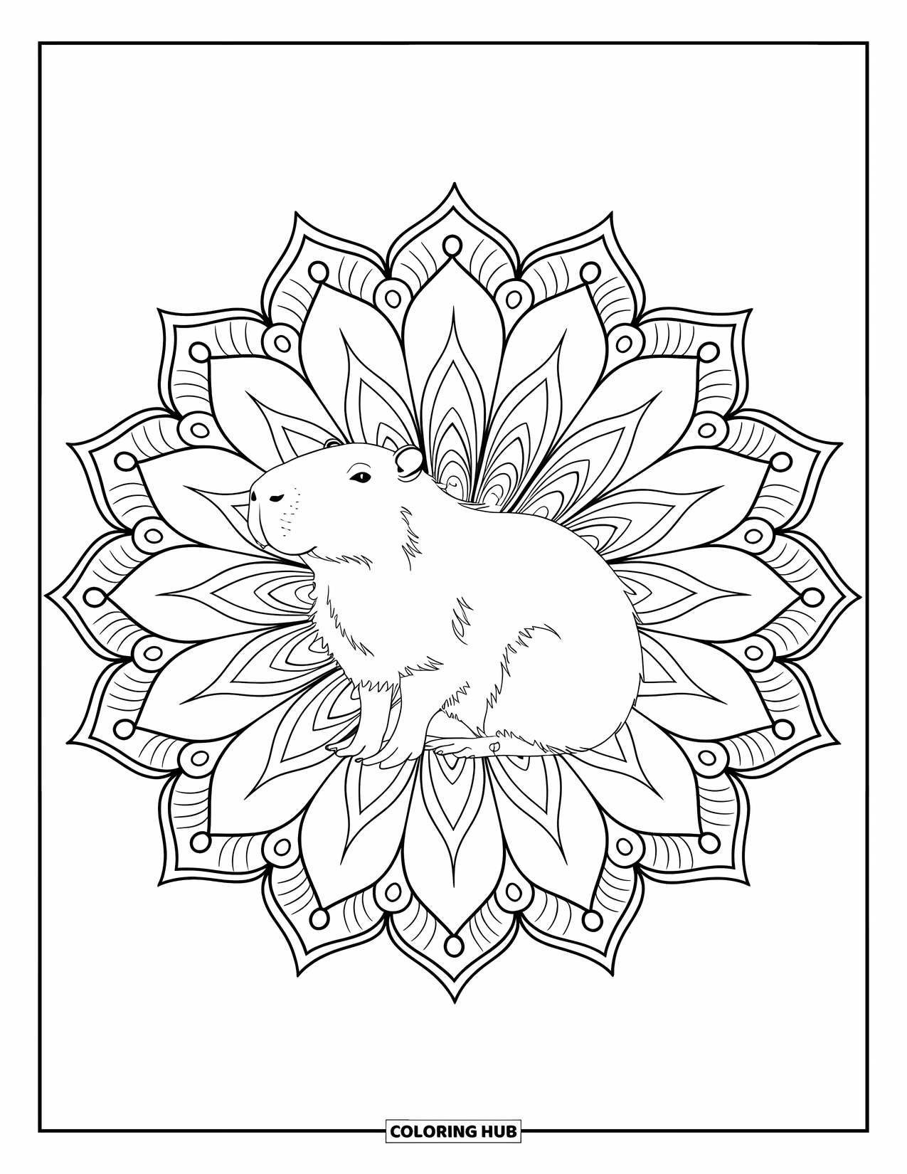 Capybara Coloring Page for Adults: Capybara sits calmly in the middle of a blooming floral mandala design