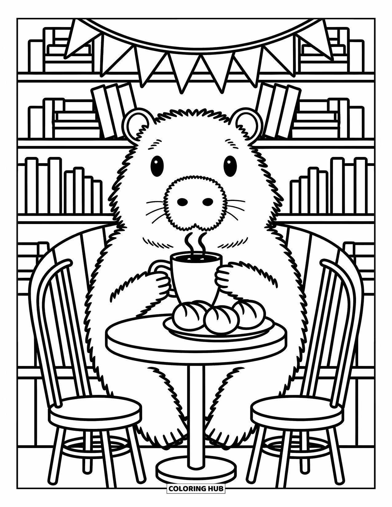Capybara Coloring Page for Adults: Capybara sits in a café booth with a warm drink and a plate of bread