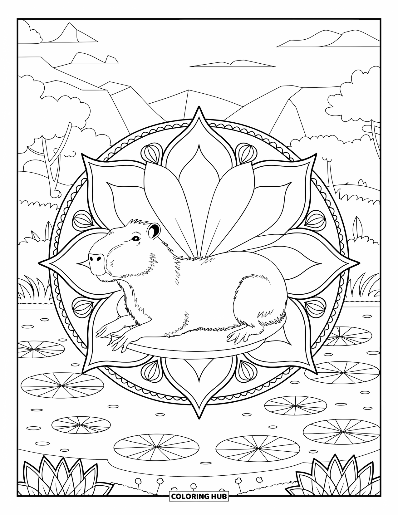 Capybara Coloring Page for Adults: Capybara sits on a pond rock, surrounded by lotus flowers and layered mandala petals