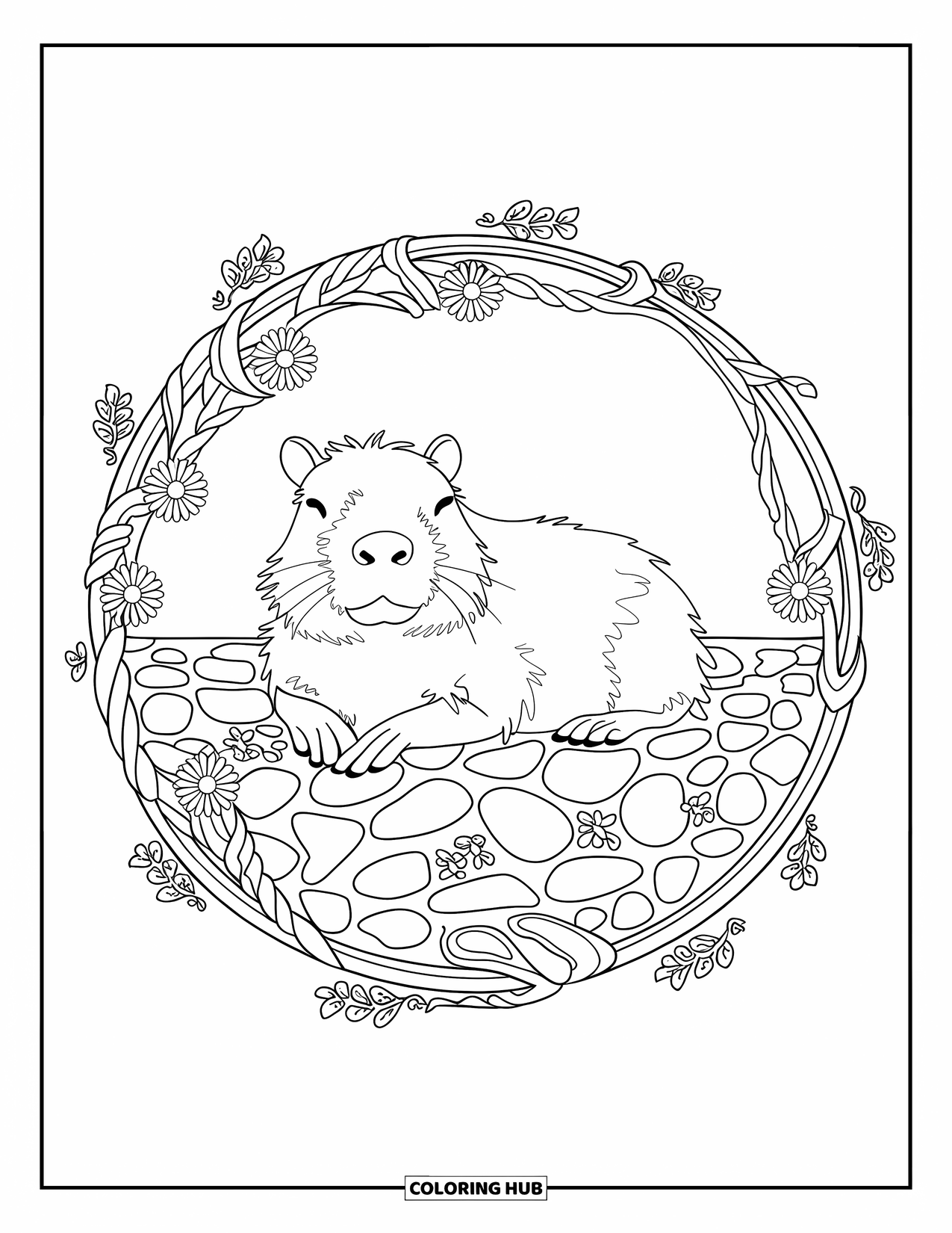 Capybara Coloring Page for Adults: Capybara sits quietly in a mosaic ring of vines, pebbles, and soft flowers