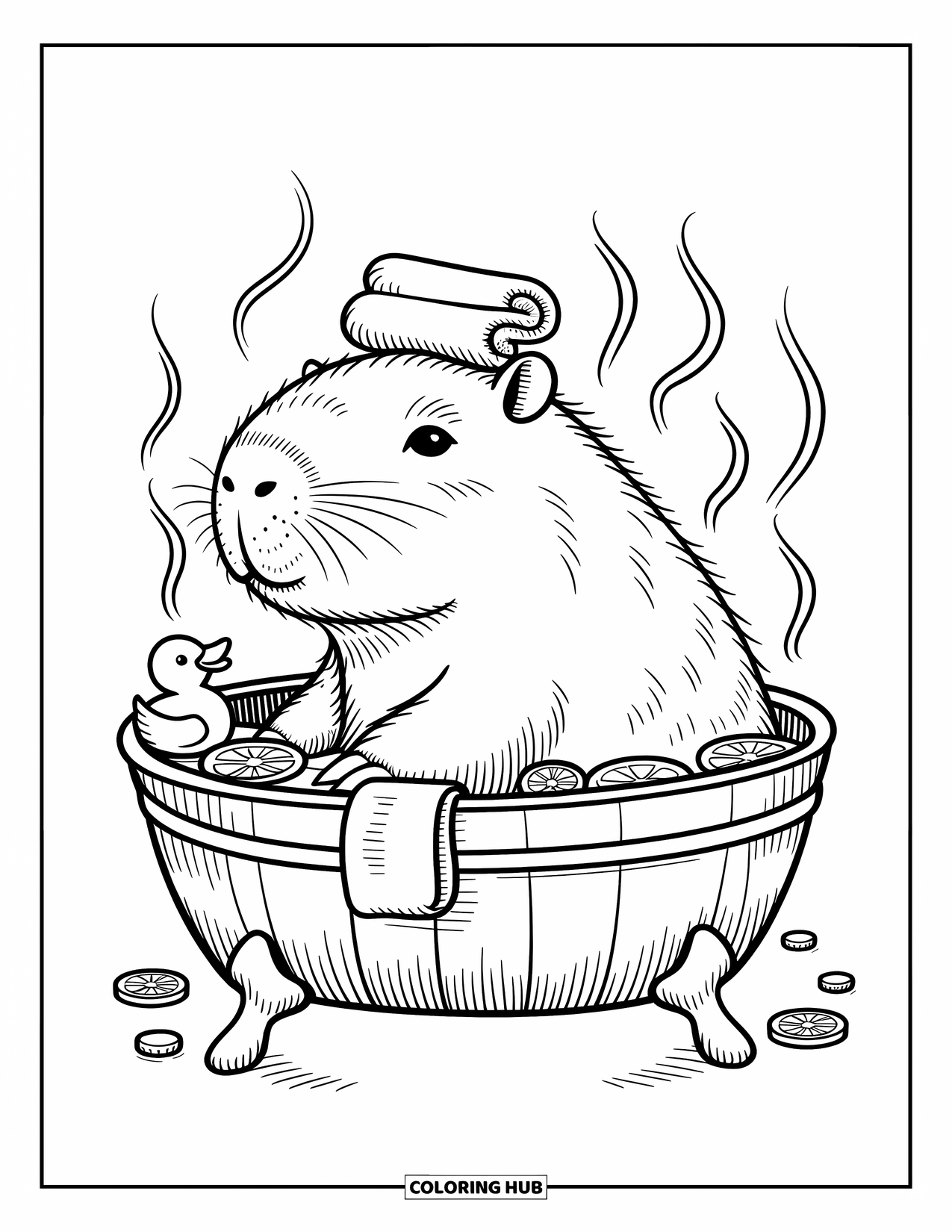 Capybara Coloring Page for Adults: Capybara soaks in a wooden tub with citrus fruits, steam, and a ducky