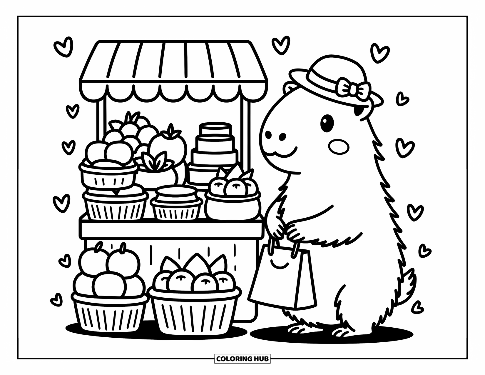 Capybara Coloring Page for Adults: Capybara stands by a cozy stall with fruit, soaps, and a little shopping bag