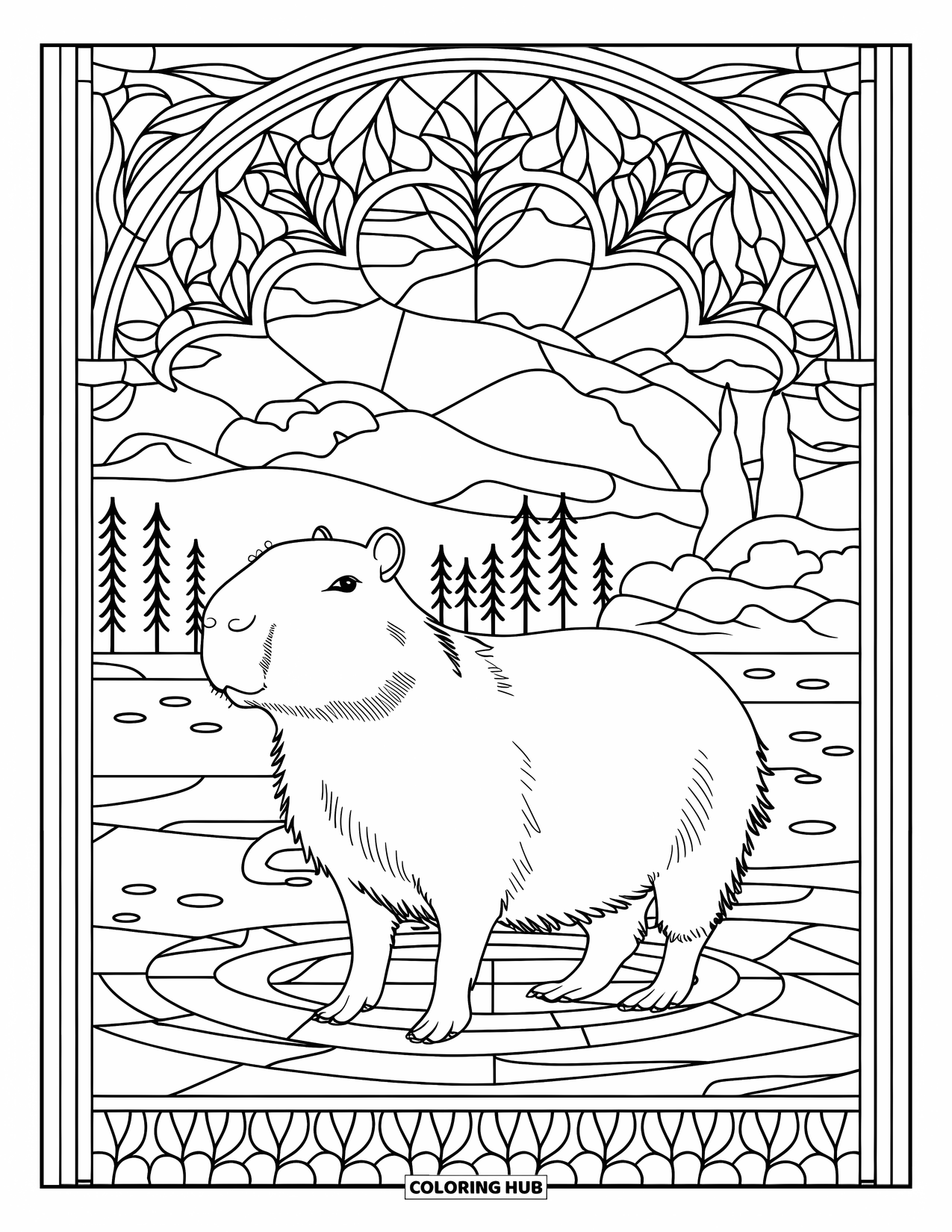 Capybara Coloring Page for Adults: Capybara stands in a stained glass frame filled with leaves, birds, and water ripples
