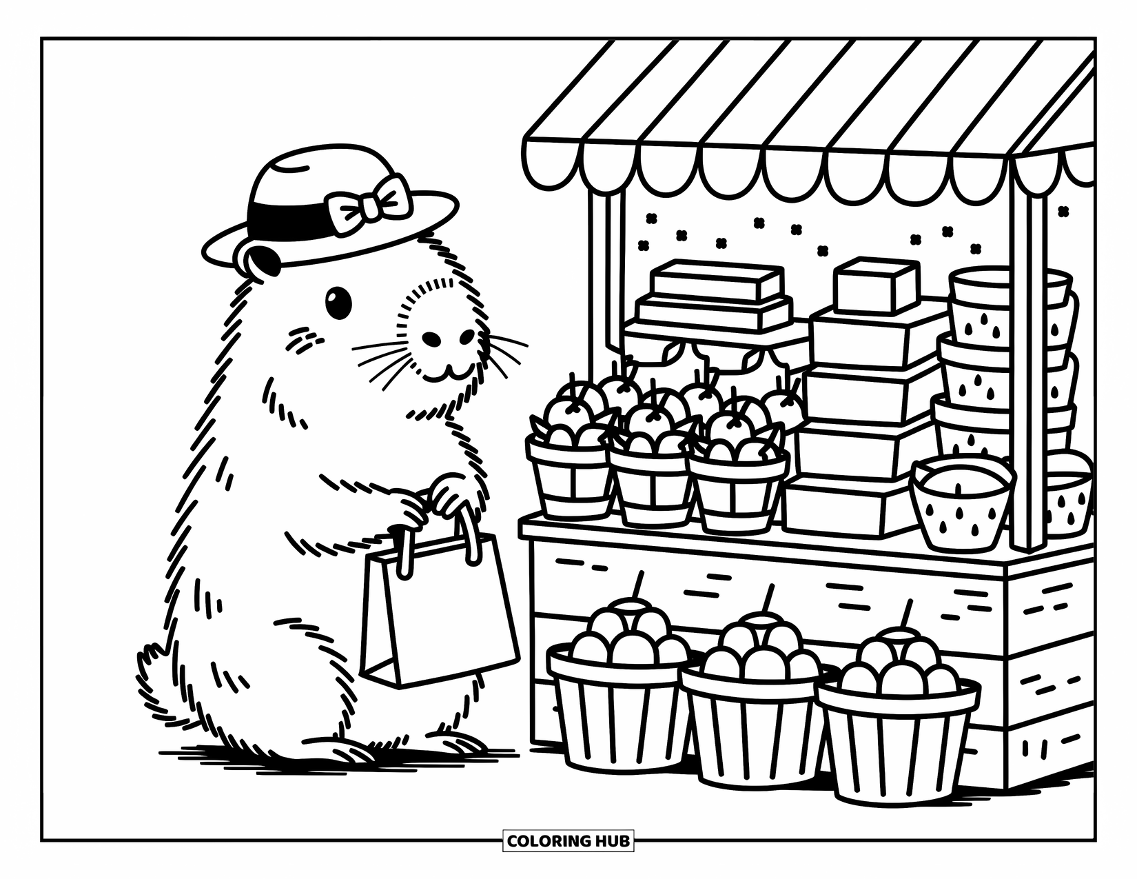 Capybara Coloring Page for Adults: Capybara with a bow hat browses a cute market stall full of tiny goods