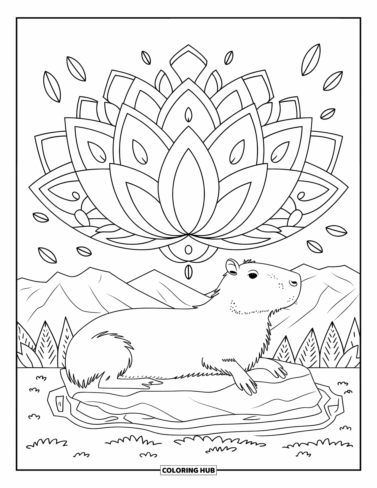 Capybara Coloring Page for Adults: Lotus mandala surrounds a relaxed capybara with peaceful mountains and gentle clouds