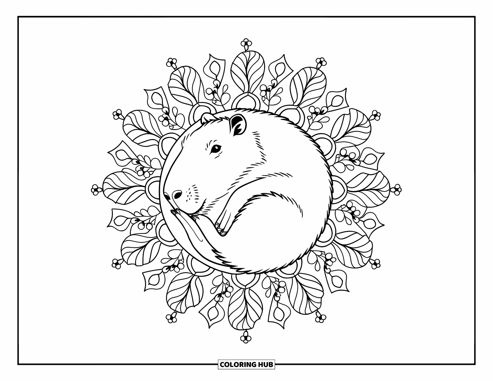 Capybara Coloring Page for Adults: Peaceful capybara rests in a detailed leaf-and-berry mandala