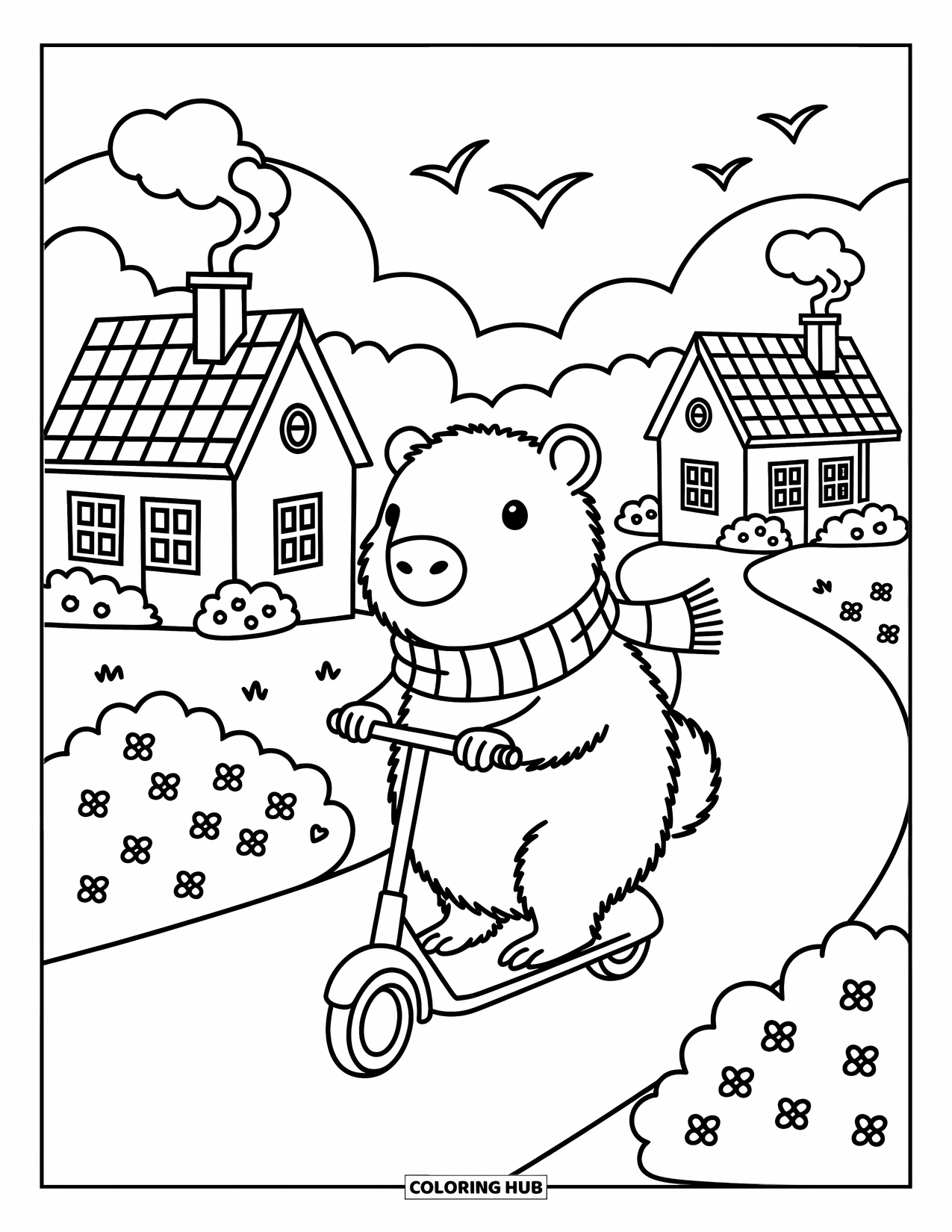 Capybara Coloring Page for Adults: Scarfed capybara scoots past cozy homes with smoke and birds above