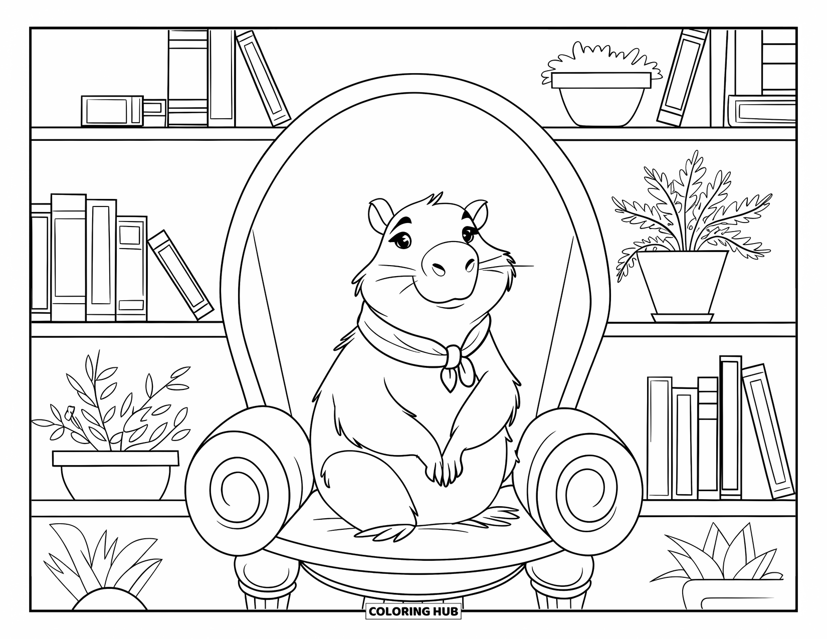 Capybara Coloring Page for Kids: A capybara in a scarf lounges in a warm nook full of books and plants