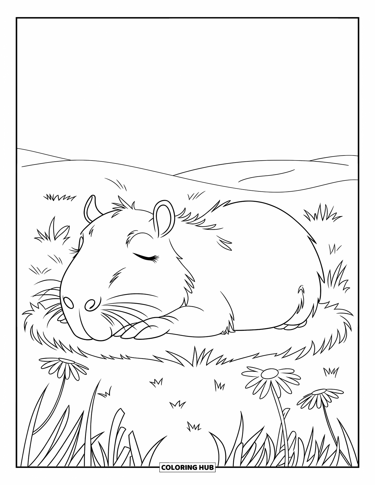 Capybara Coloring Page for Kids: A sleepy capybara lies on grass, surrounded by daisies and gentle hills