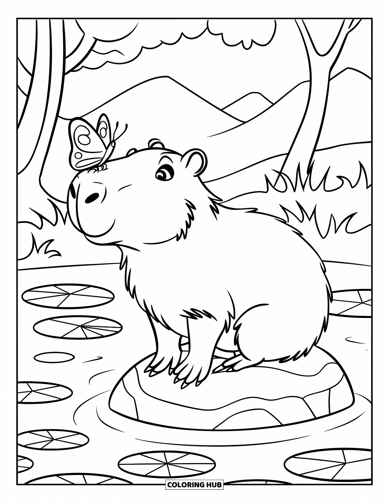 Capybara Coloring Page for Kids: Capybara balances a butterfly on its nose while sitting in a quiet pond