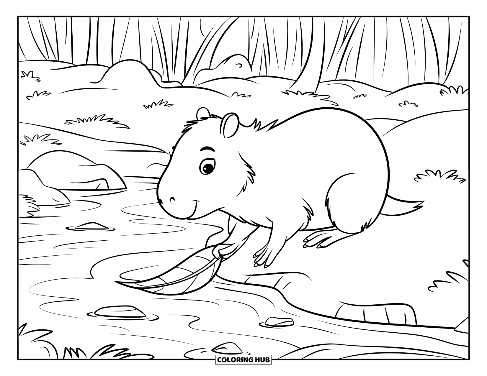 Capybara Coloring Page for Kids: Capybara builds a tiny leaf boat beside a gentle forest stream