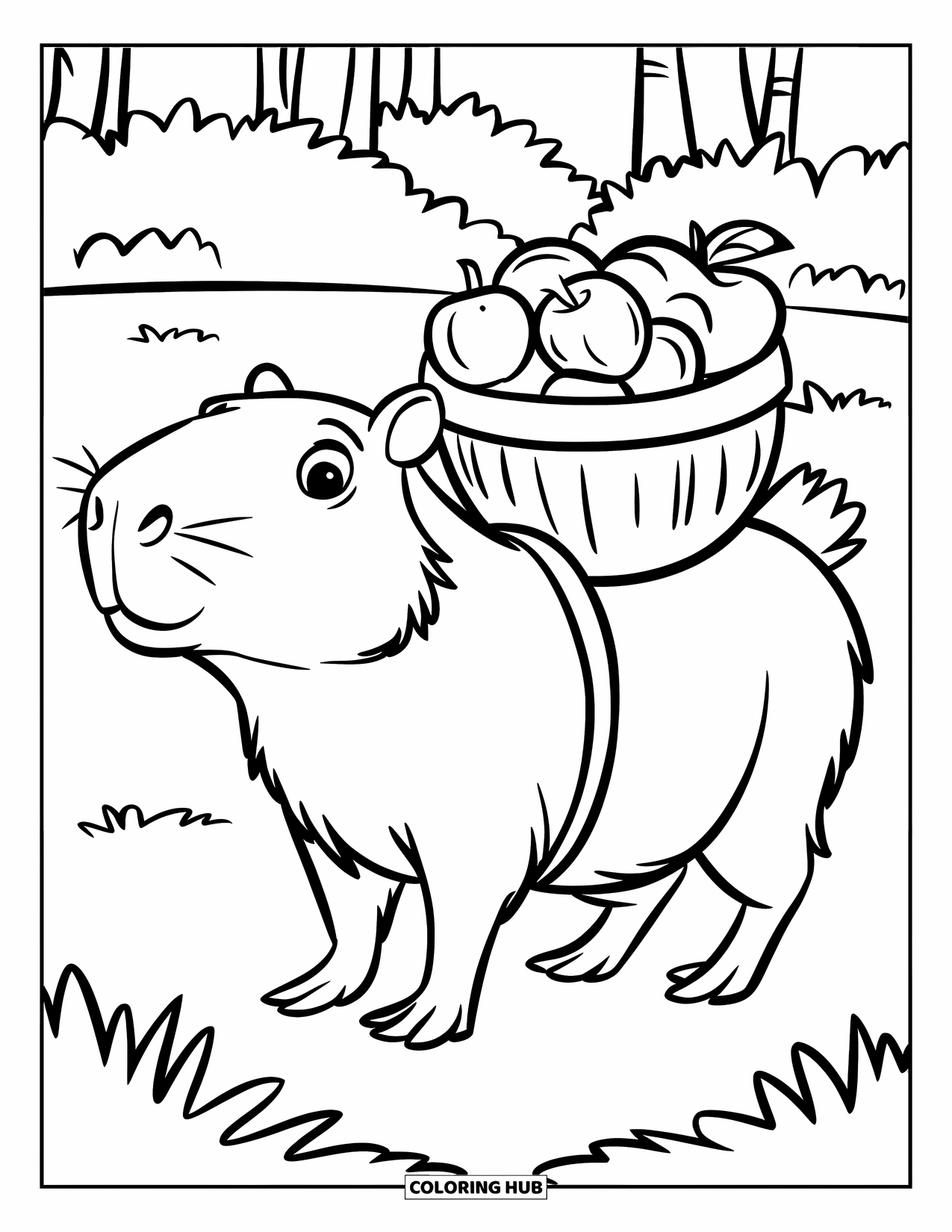 Capybara Coloring Page for Kids: Capybara carries a fruit basket across a sunny field with trees nearby