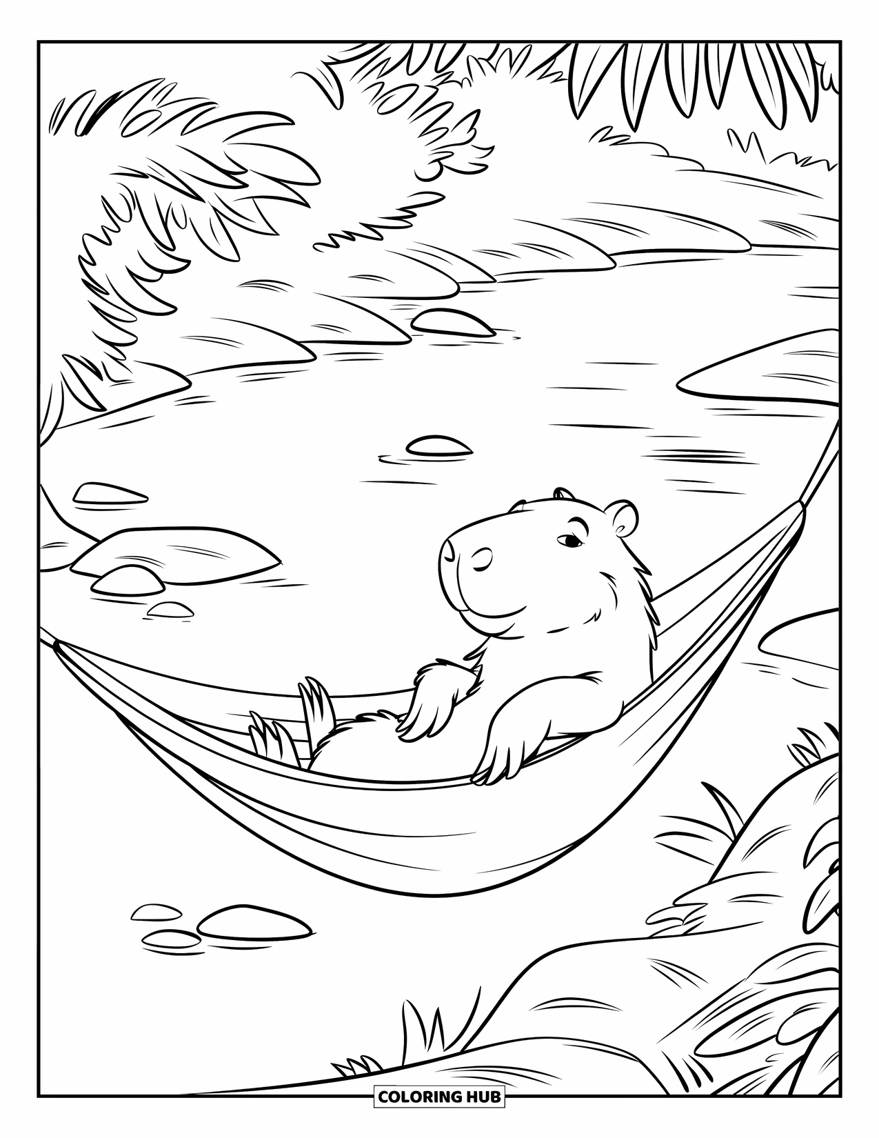 Capybara Coloring Page for Kids: Capybara chills in a hammock beside a calm river and tall trees