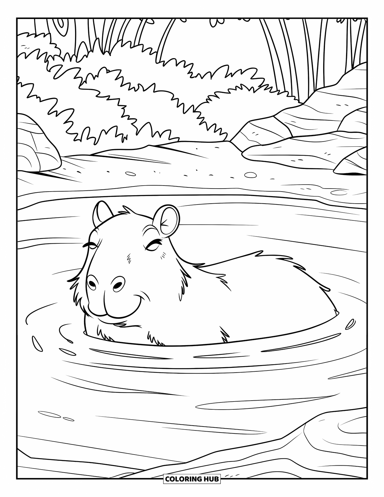 Capybara Coloring Page for Kids: Capybara drifts with eyes closed in a peaceful forest hot spring