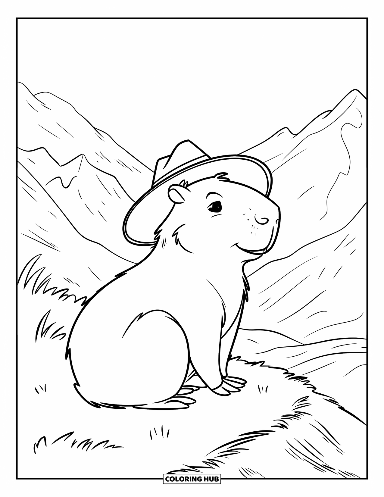 Capybara Coloring Page for Kids: Capybara enjoys a peaceful hilltop view with mountains and sky in the distance