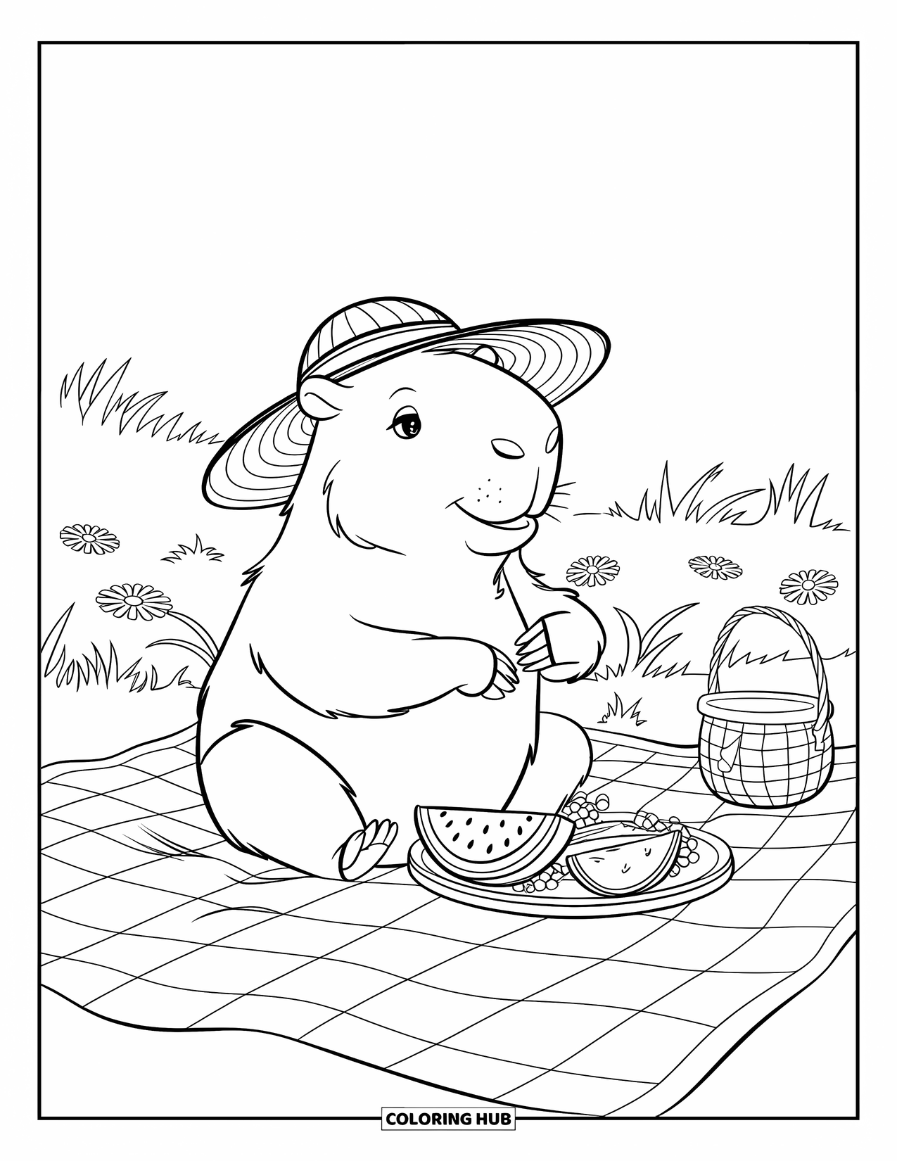 Capybara Coloring Page for Kids: Capybara enjoys fruit and sunshine on a picnic blanket with flowers and a lantern
