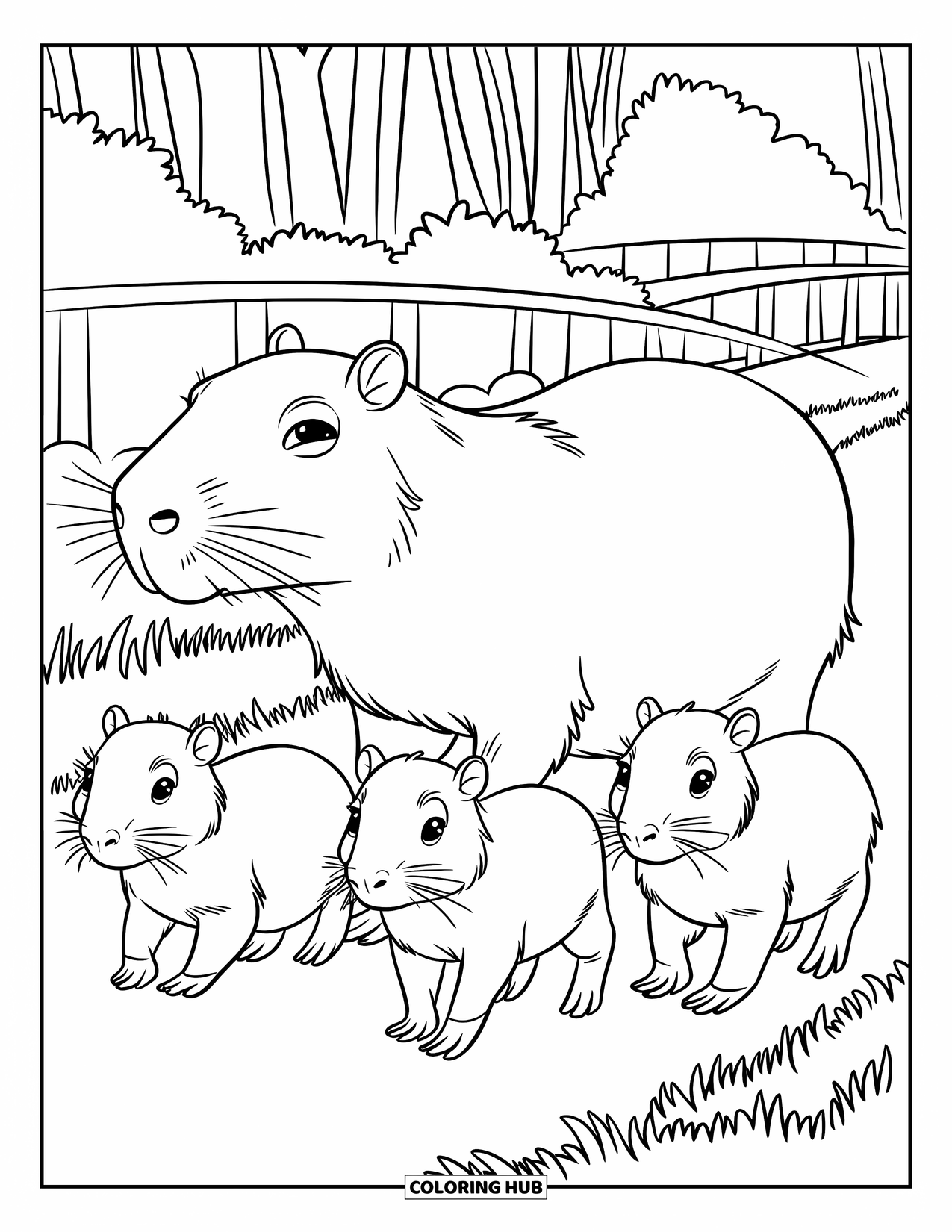 Capybara Coloring Page for Kids: Capybara family walks together on a grassy path with trees and a bridge
