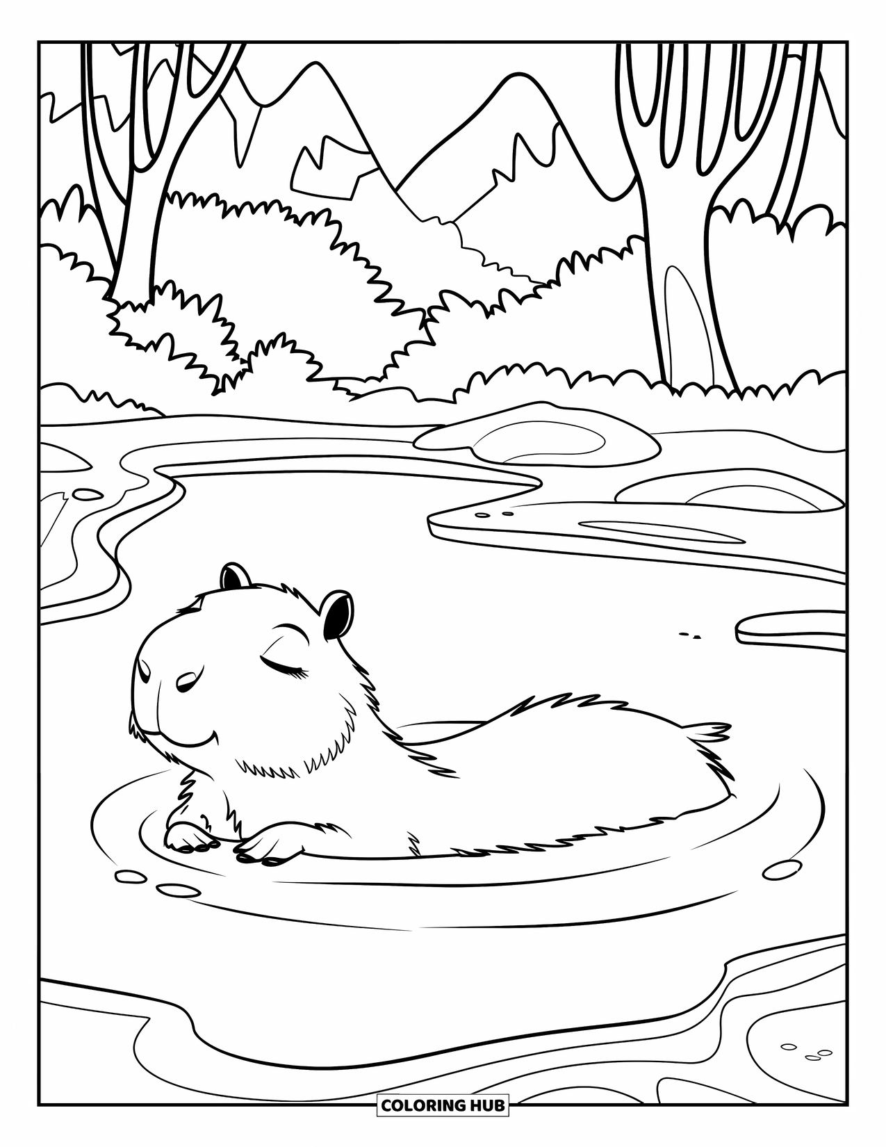 Capybara Coloring Page for Kids: Capybara floats calmly in a hot spring surrounded by forest trees