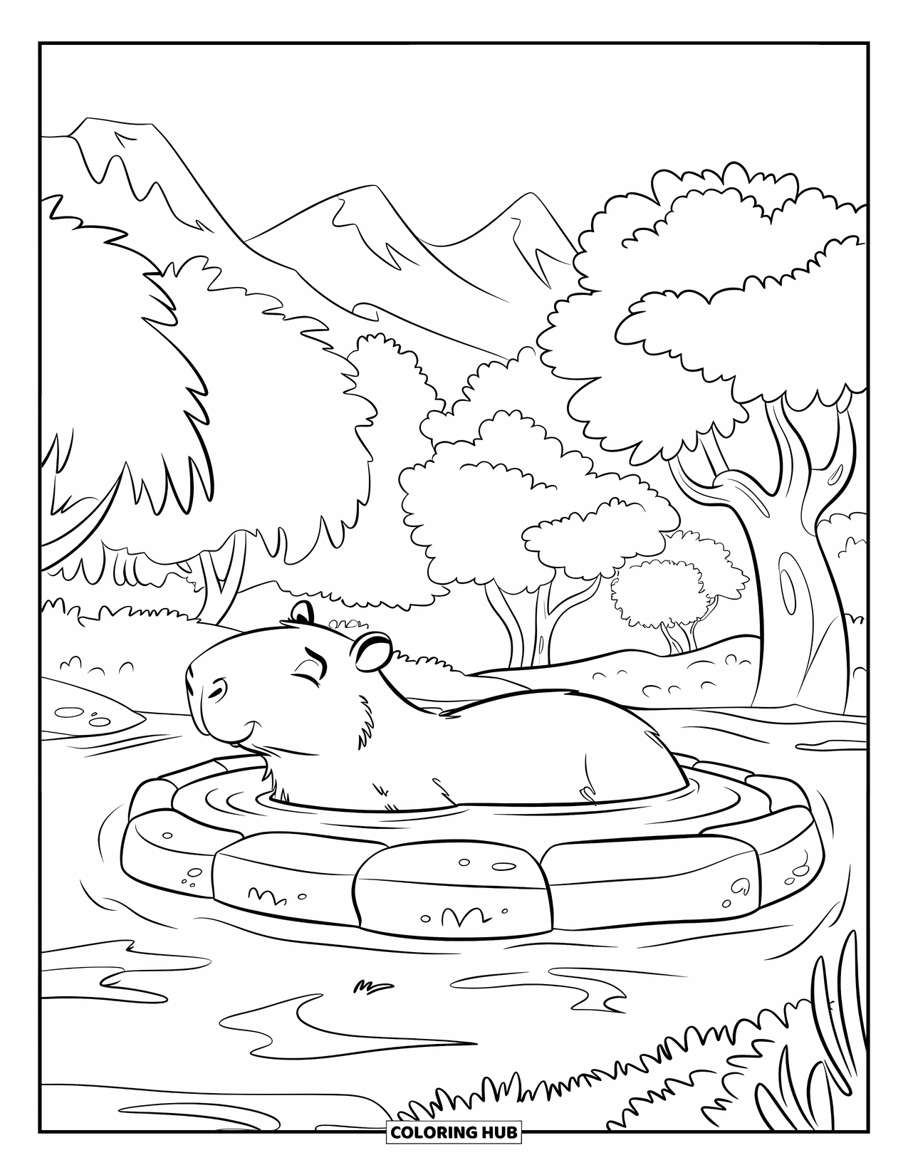 Capybara Coloring Page for Kids: Capybara floats peacefully on a stone platform in a forest hot spring