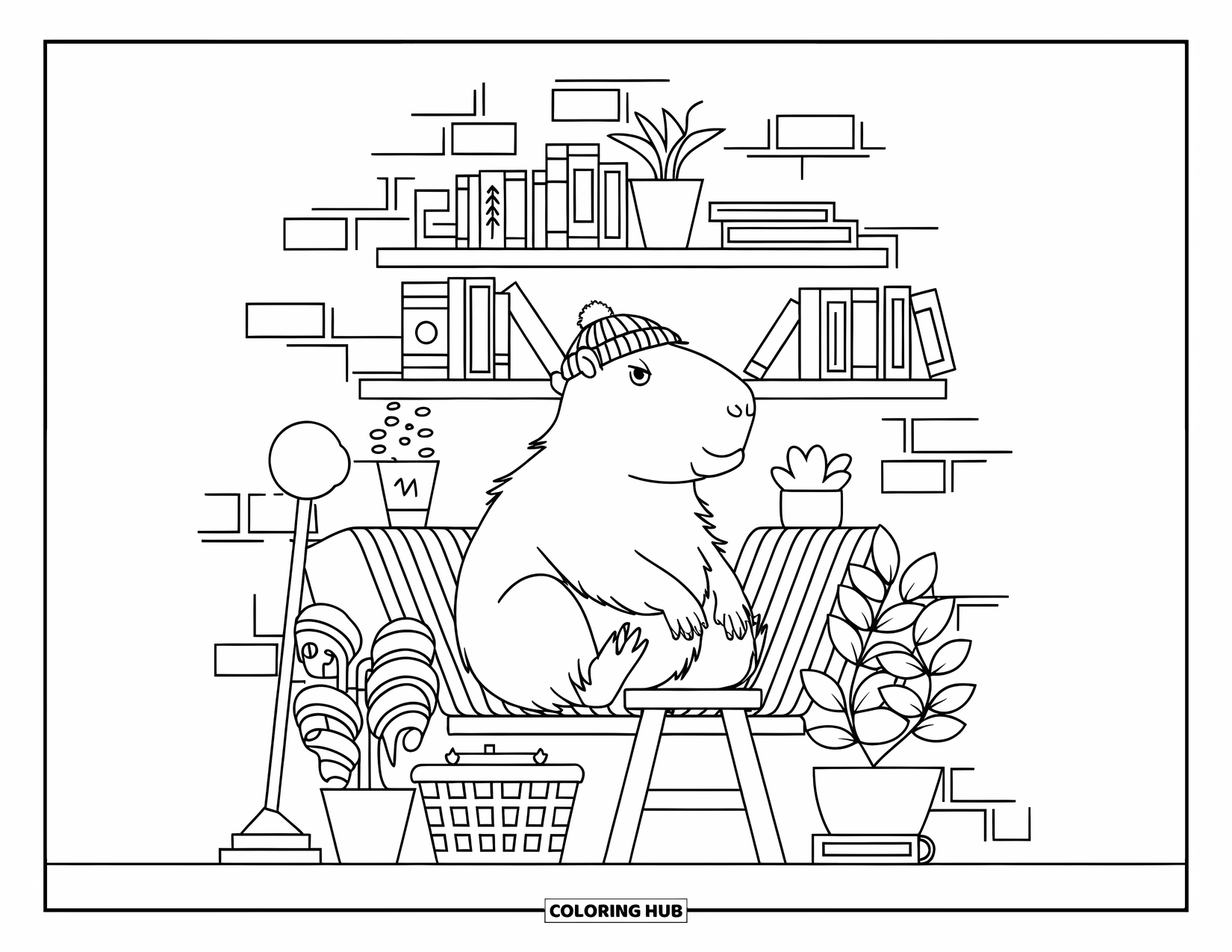 Capybara Coloring Page for Kids: Capybara in a beanie chills among books, plants, and cozy homey items