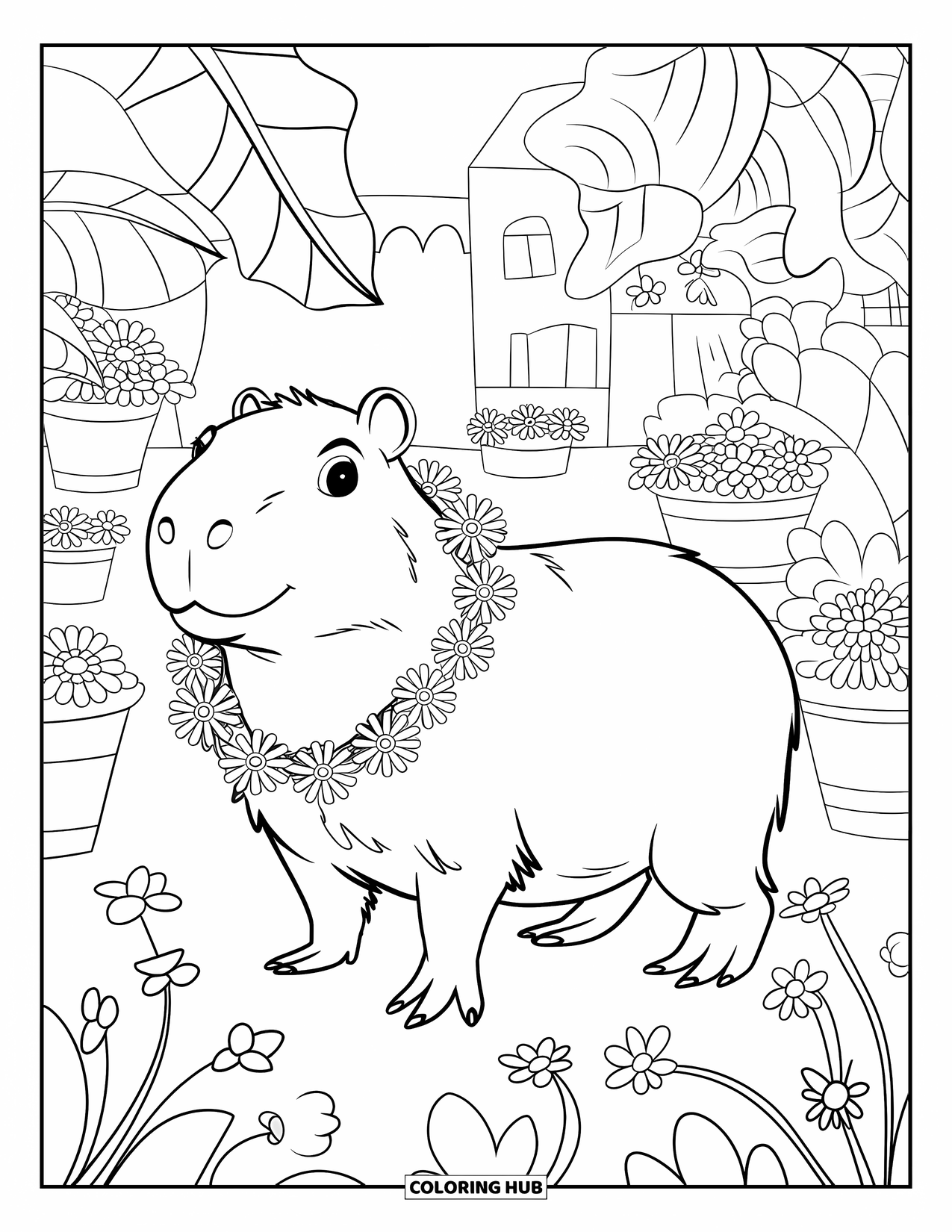 Capybara Coloring Page for Kids: Capybara in a flower necklace stands near potted blooms and distant buildings