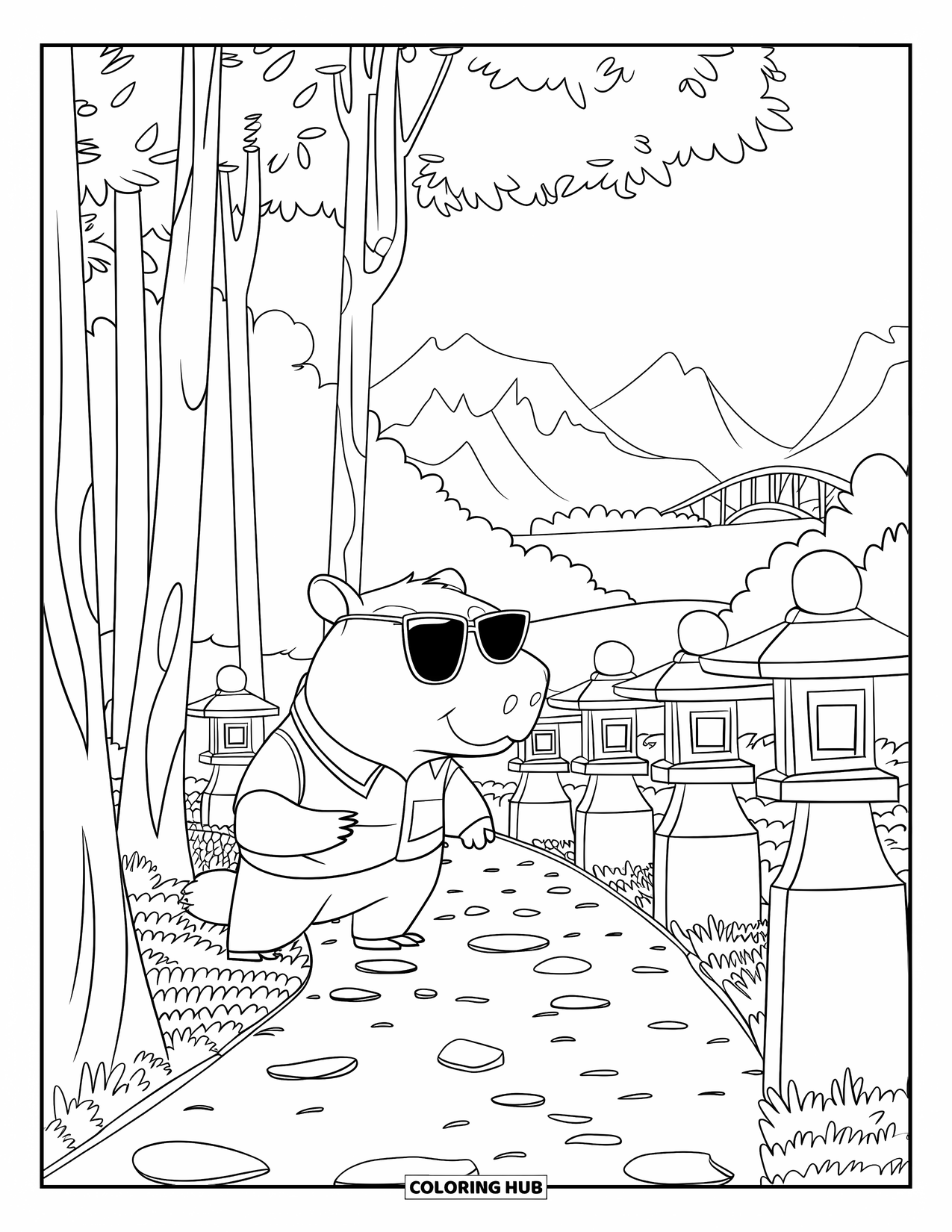 Capybara Coloring Page for Kids: Capybara in sunglasses explores a peaceful garden path near a bridge and pagoda