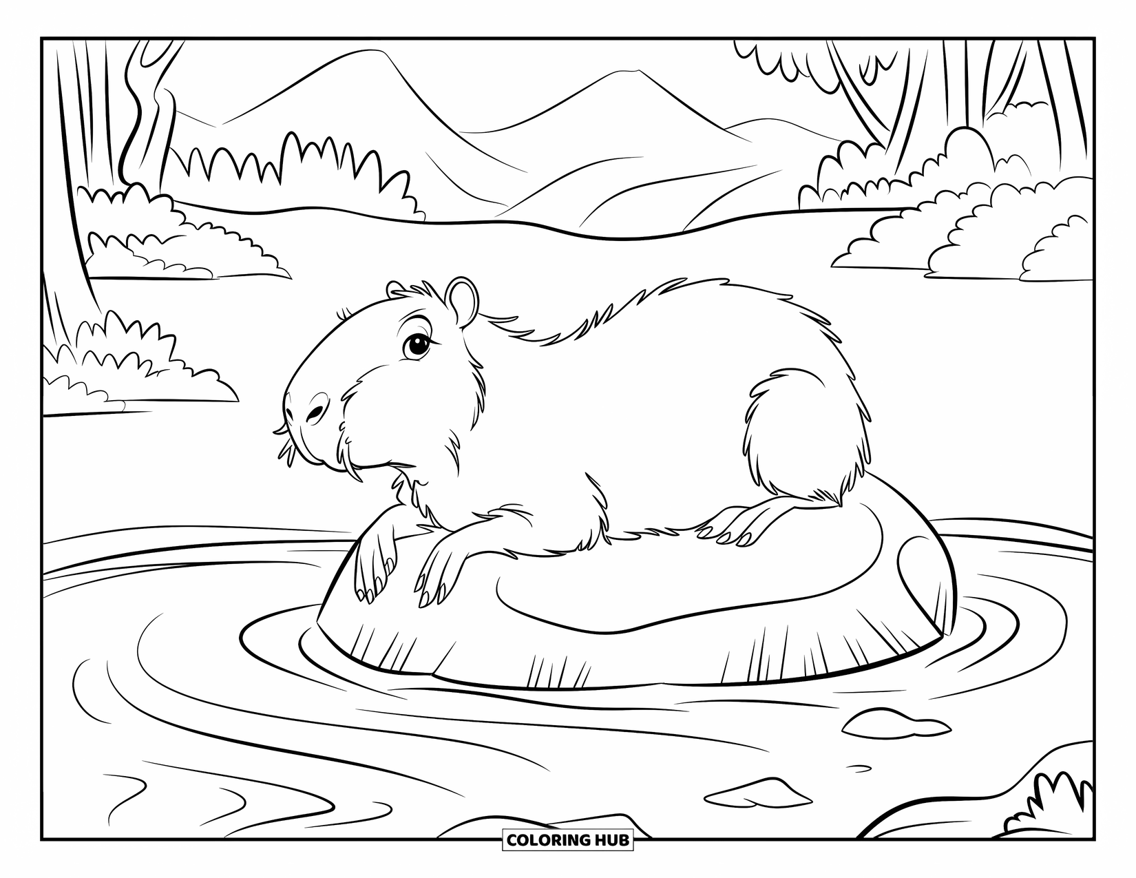 Capybara Coloring Page for Kids: Capybara lies on a warm river rock with trees and mountains around