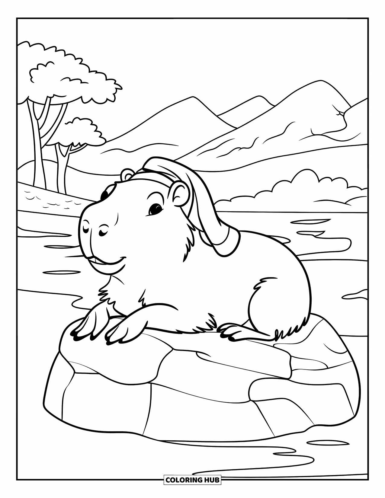 Capybara Coloring Page for Kids: Capybara lounges on a rock near water with a towel on its head