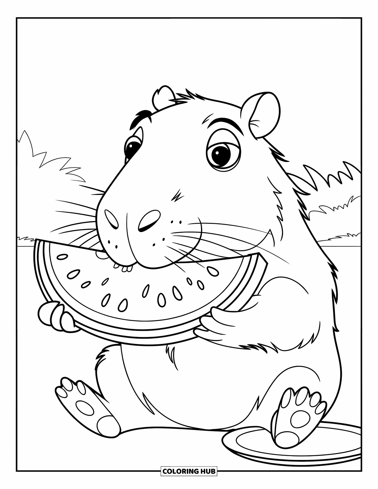 Capybara Coloring Page for Kids: Capybara munches watermelon beside a plate on a peaceful grassy field