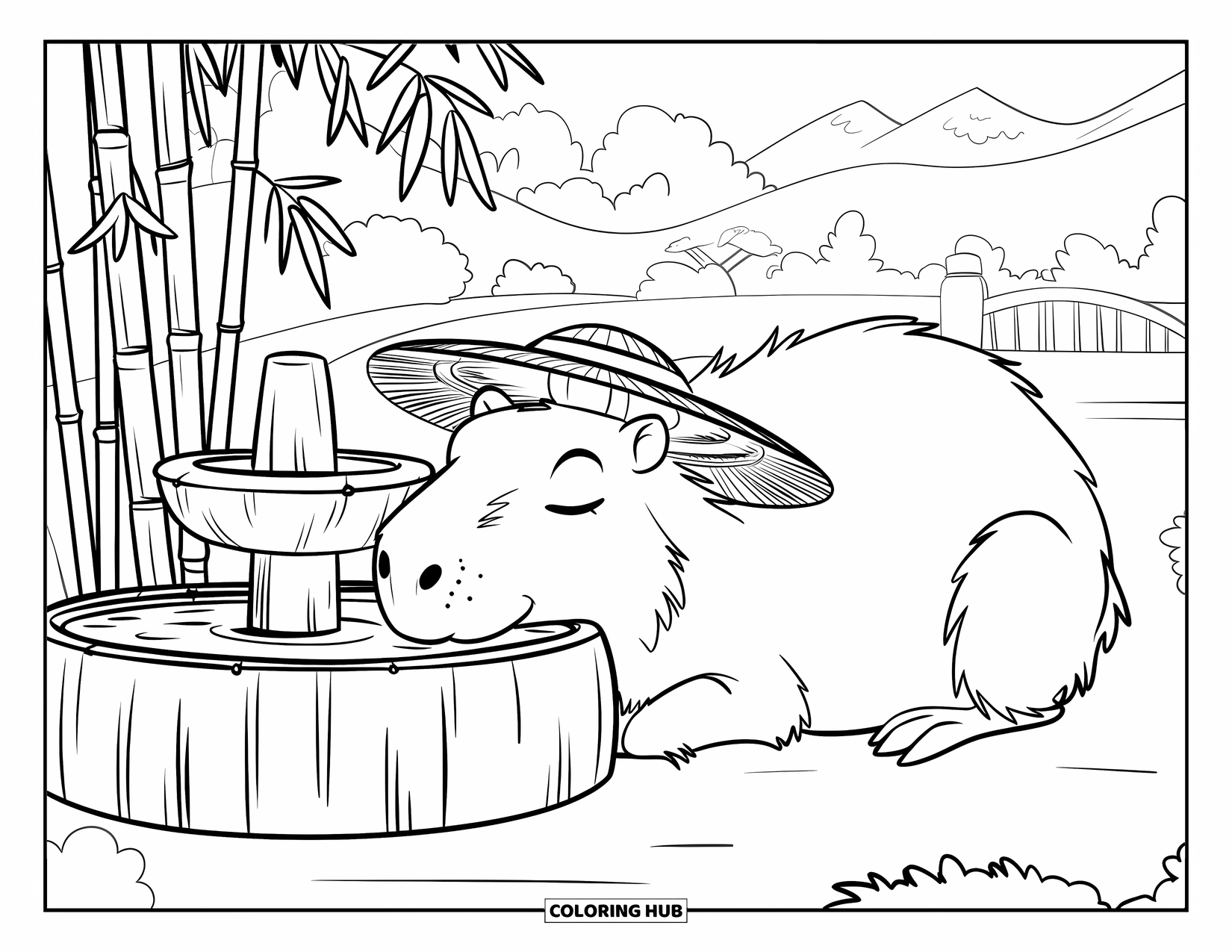 Capybara Coloring Page for Kids: Capybara naps peacefully beside a bamboo fountain in a tranquil nature scene