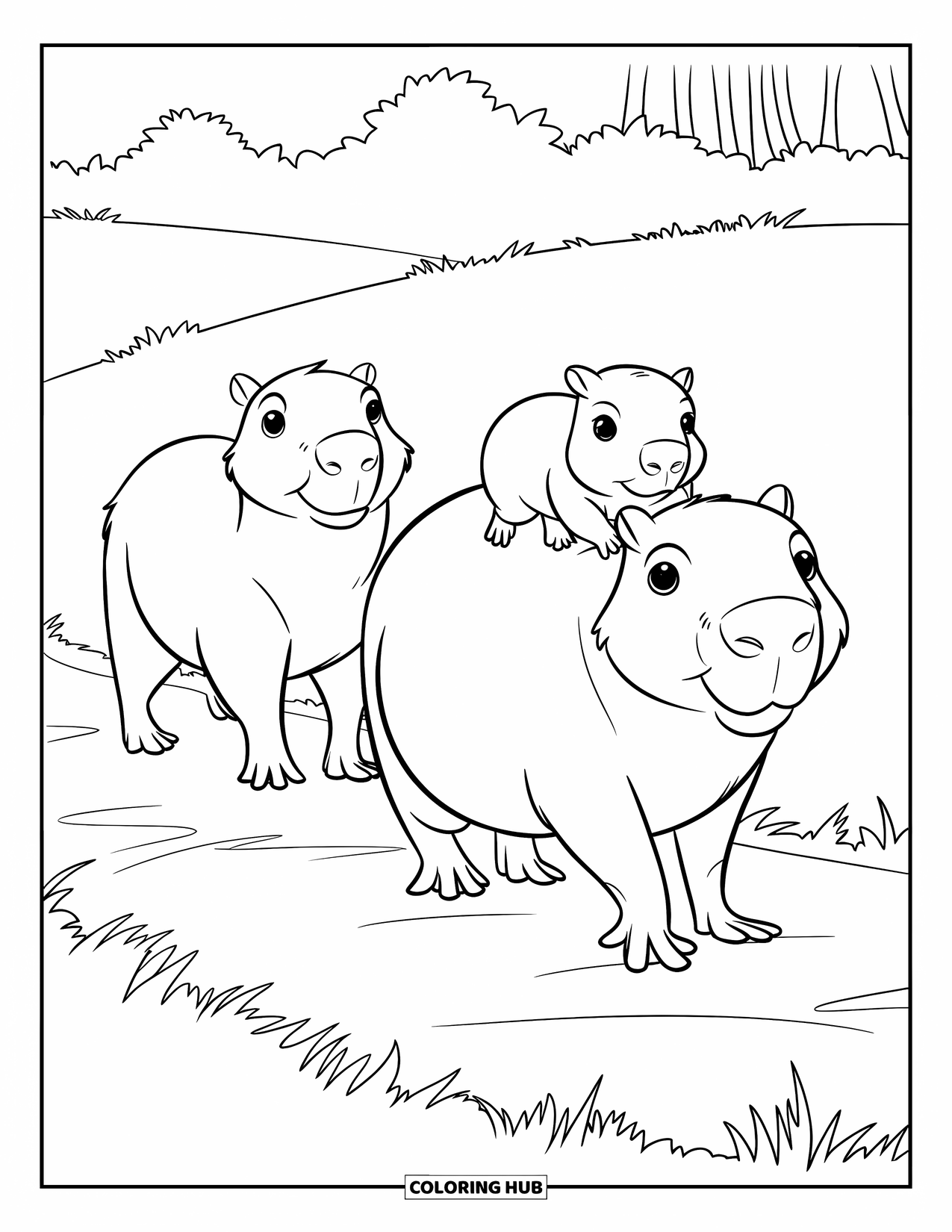Capybara Coloring Page for Kids: Capybara parents walk with their baby on a peaceful grassy trail