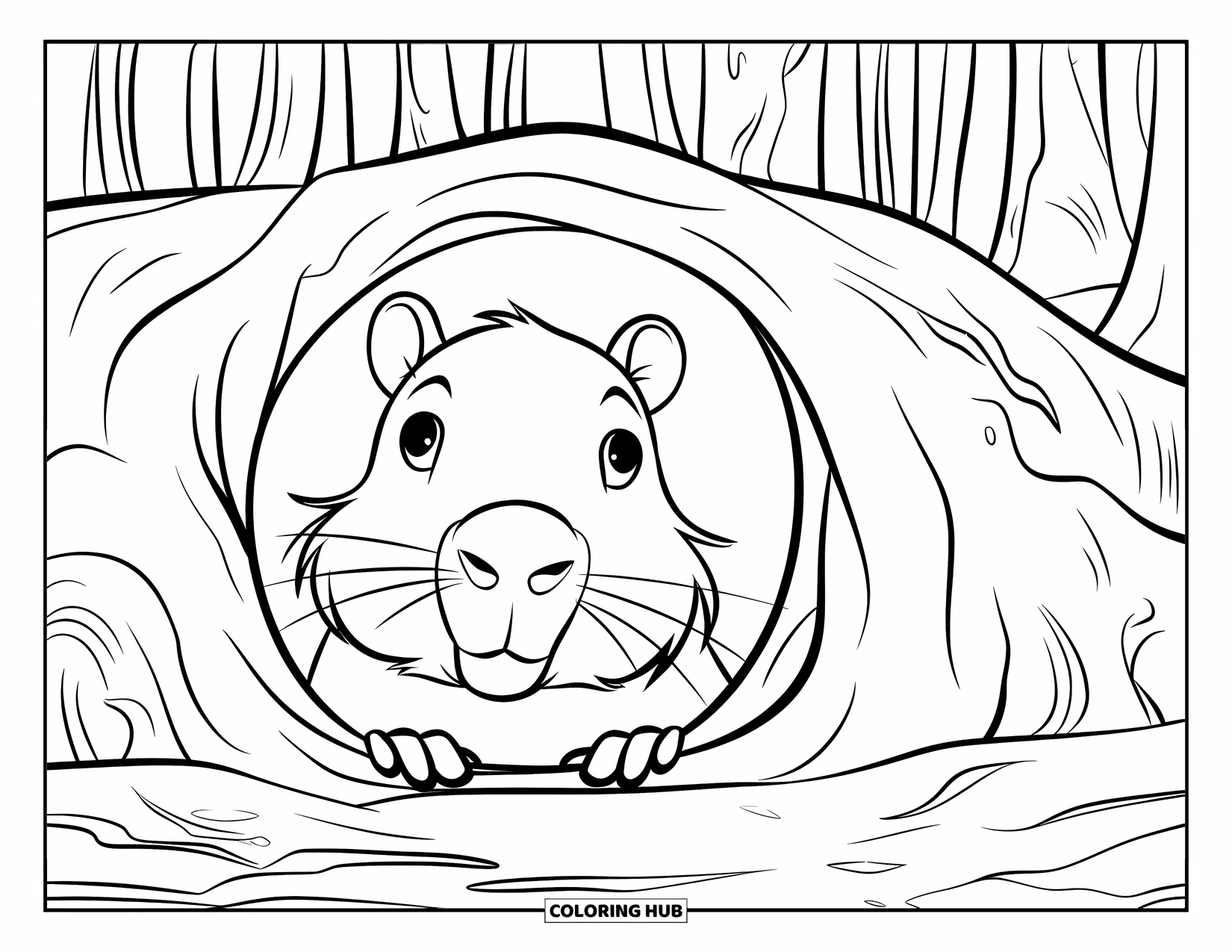 Capybara Coloring Page for Kids: Capybara peeks from a burrow, ears perked in a quiet forest